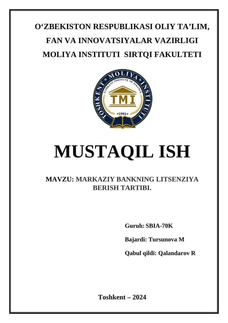 MARKAZIY BANKNING LITSENZIYA BERISH TARTIBI