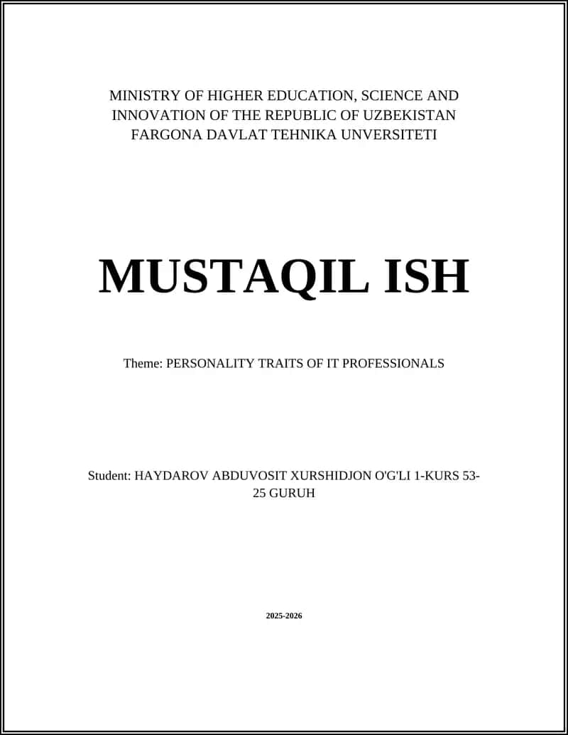 MUSTAQIL ISH: PERSONALITY TRAITS OF IT PROFESSIONALS