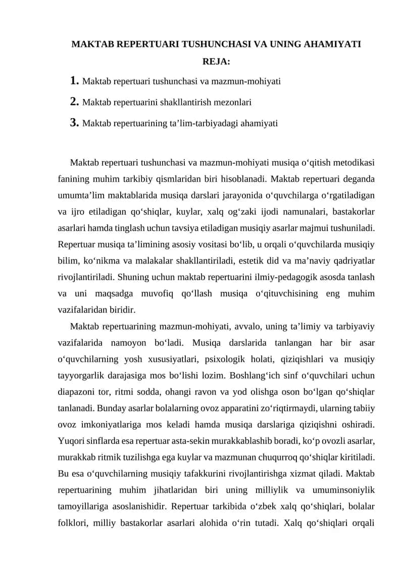 MAKTAB REPERTUARI TUSHUNCHASI VA UNING AHAMIYATI