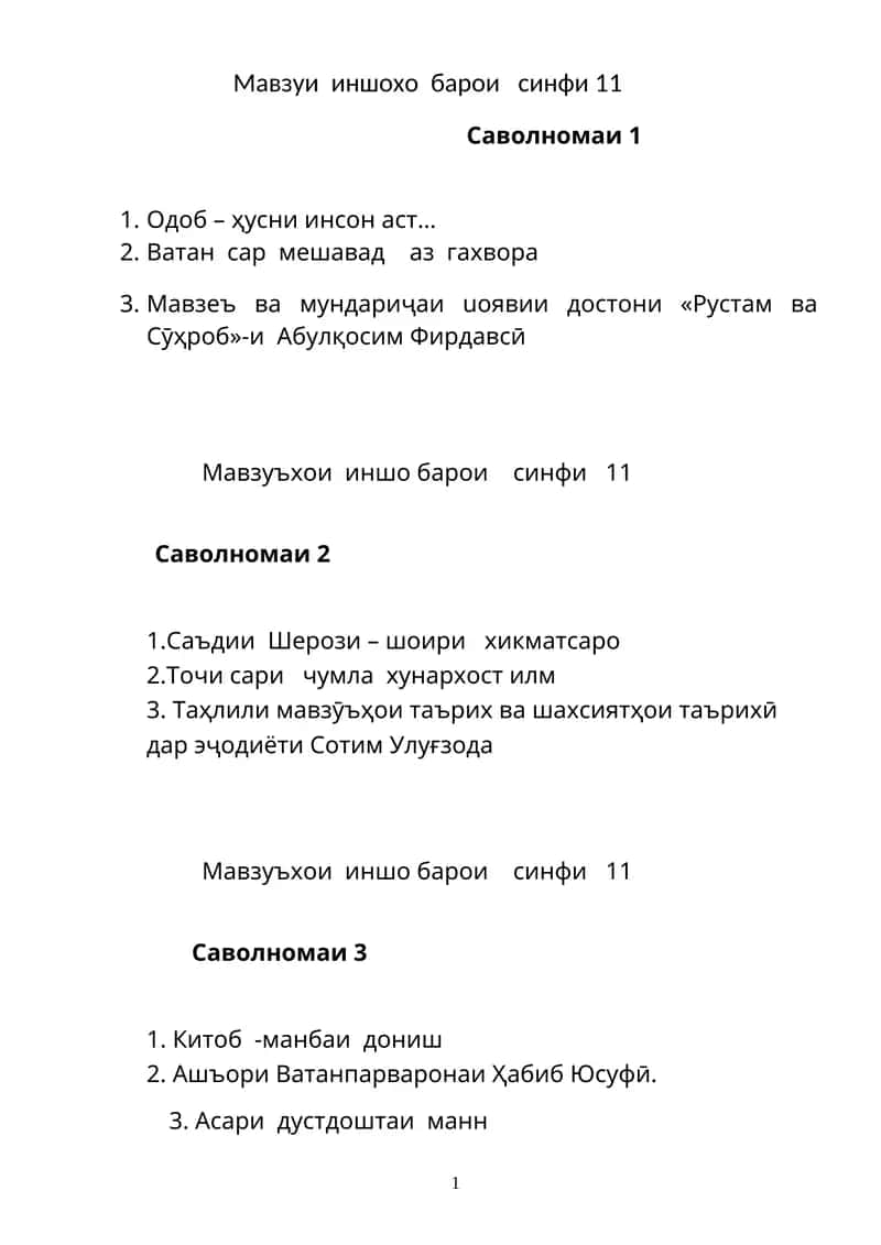Мавзуъхои иншо барои синфи 11