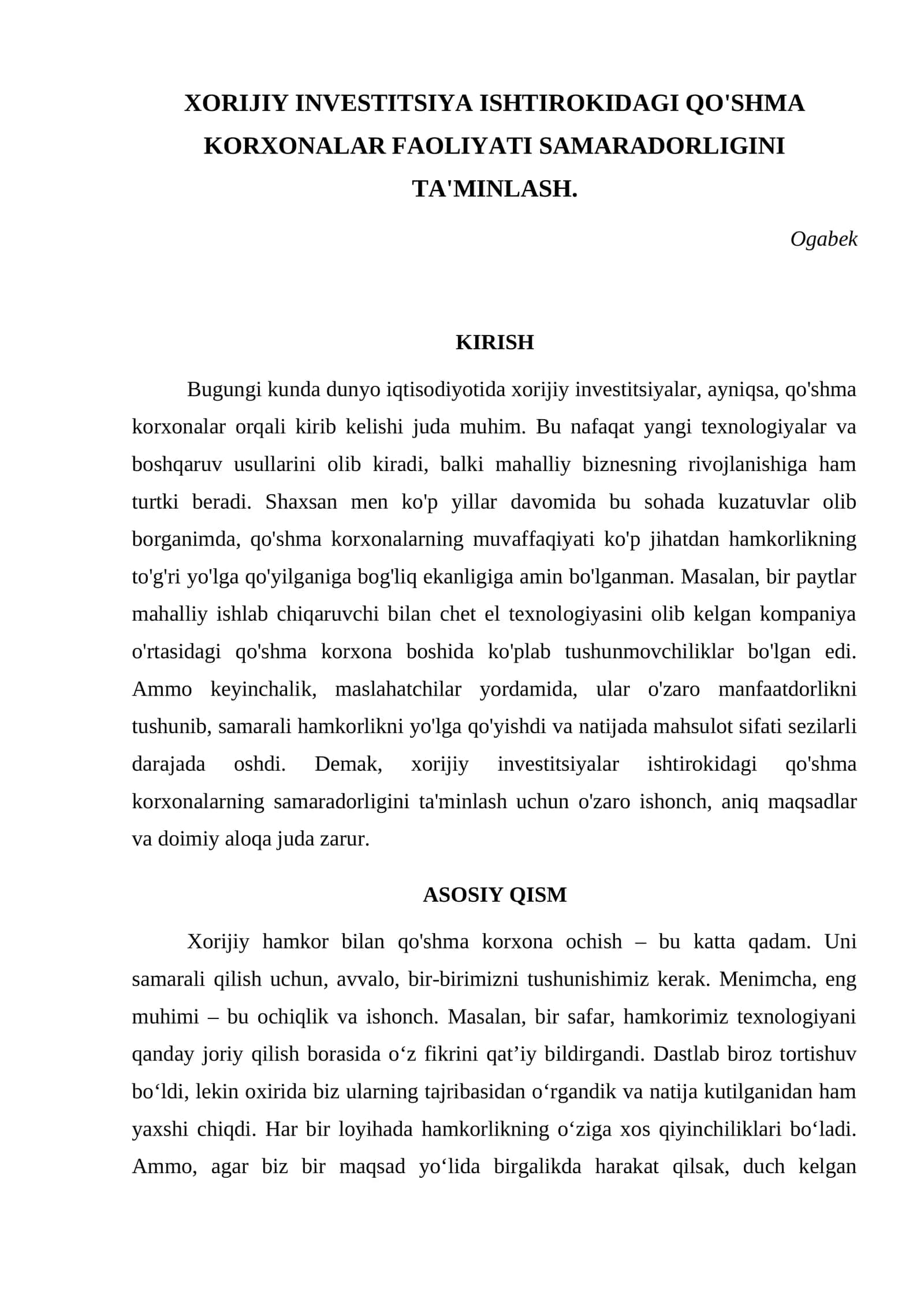 XORIJIY INVESTITSIYA ISHTIROKIDAGI QO'SHMA KORXONALAR FAOLIYATINI SAMARADORLIGINI TA'MINLASH