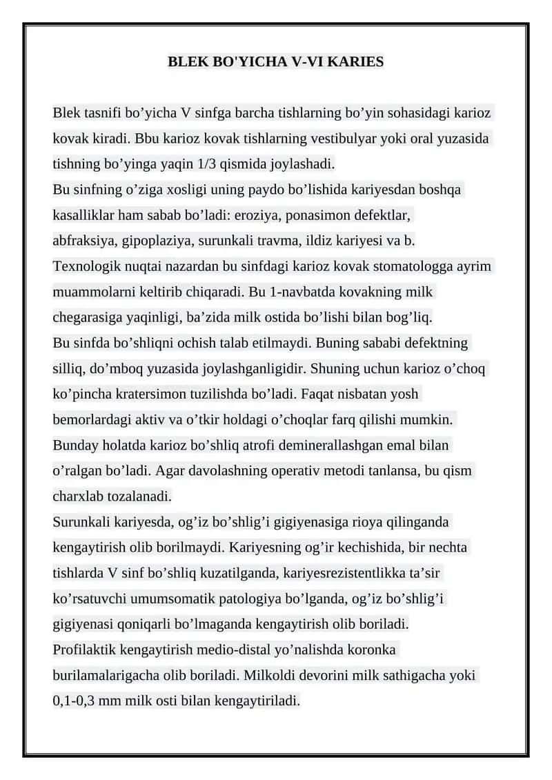BLEK BO'YICHA V-VI KARIES