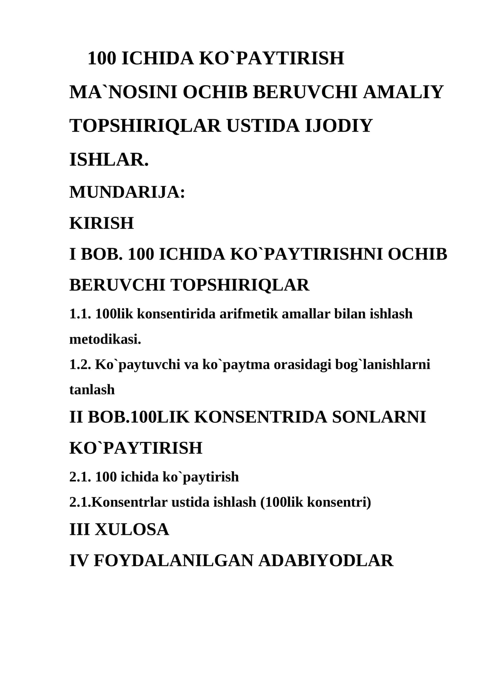 100 ICHIDA KO`PAYTIRISH MA`NOSINI OCHIB BERUVCHI AMALIY TOPSHIRIQLAR USTIDA IJODIY ISHLAR