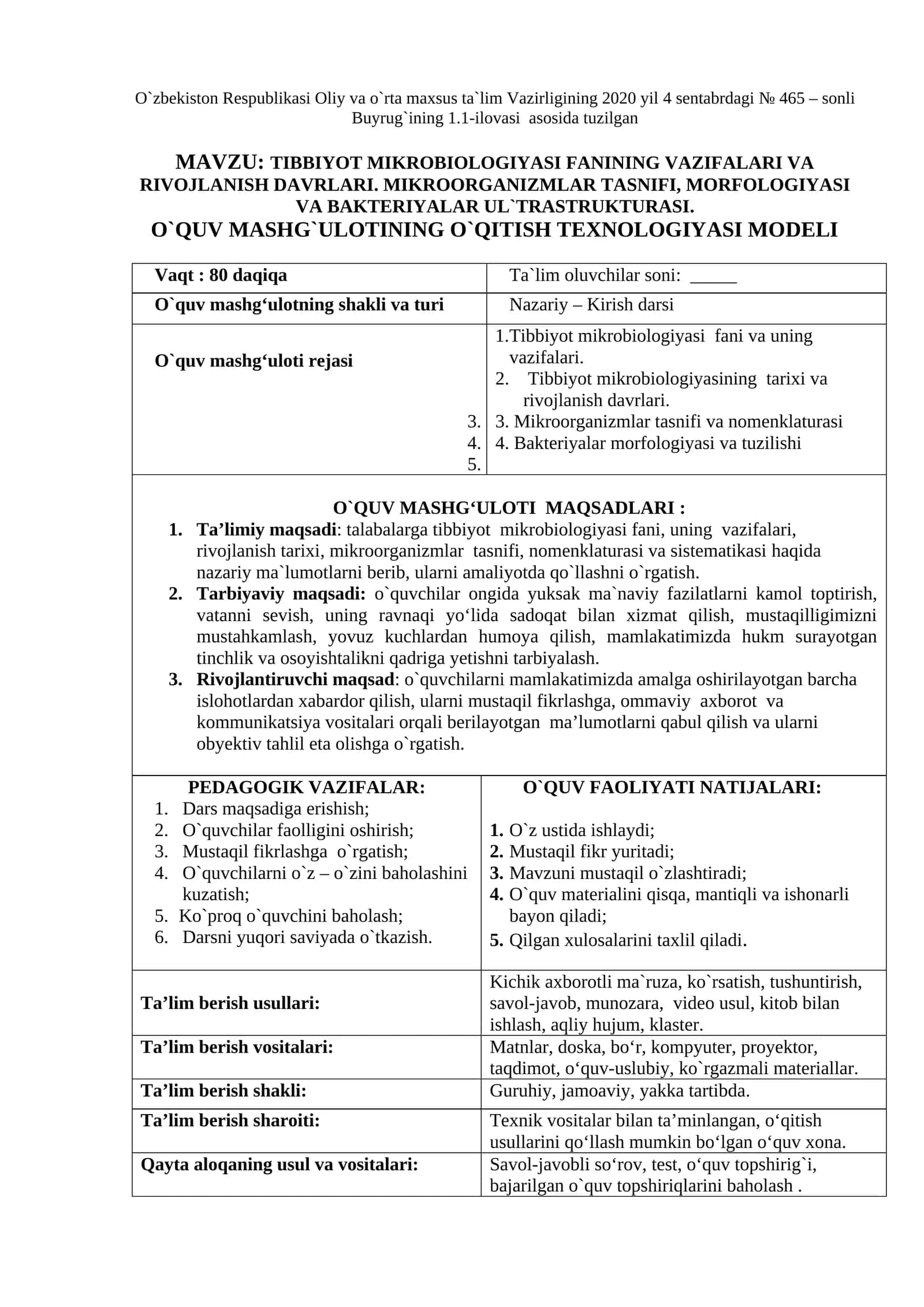TIBBIYOT MIKROBIOLOGIYASI FANINING VAZIFALARI VA RIVOJLANISH DAVRLARI. MIKROORGANIZMLAR TASNIFI, MORFOLOGIYASI VA BAKTERIYALAR UL`TRASTRUKTURASI