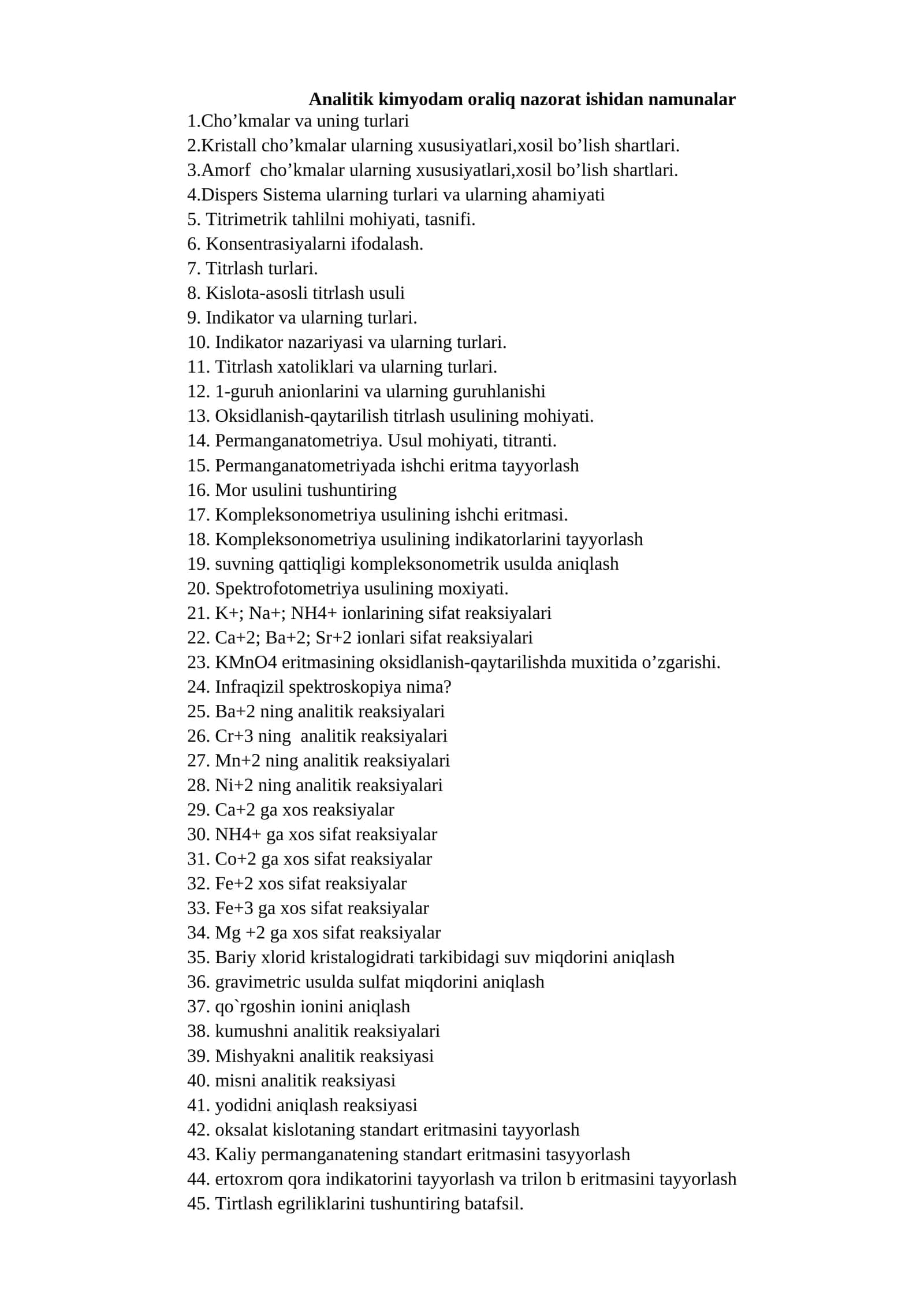 Analitik kimyodam oraliq nazorat ishidan namunalar