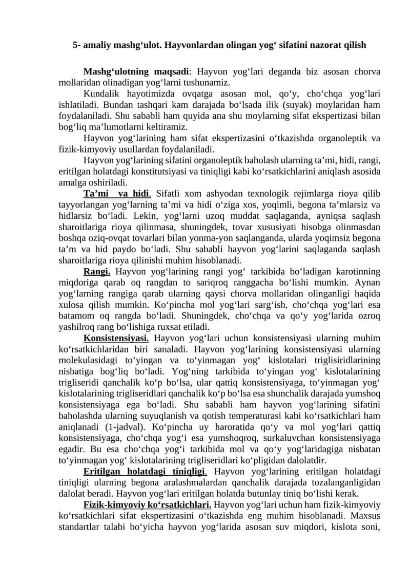 Hayvon yog‘larining sifat ekspertizasi
