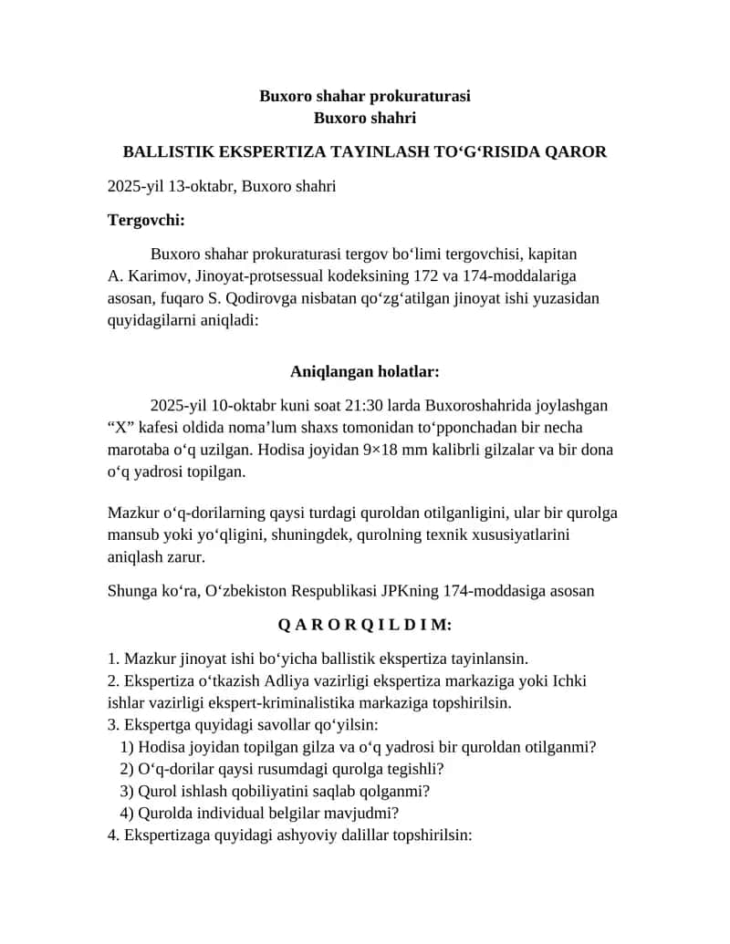 BALLISTIK EKSPERTIZA TAYINLASH NAMUNA