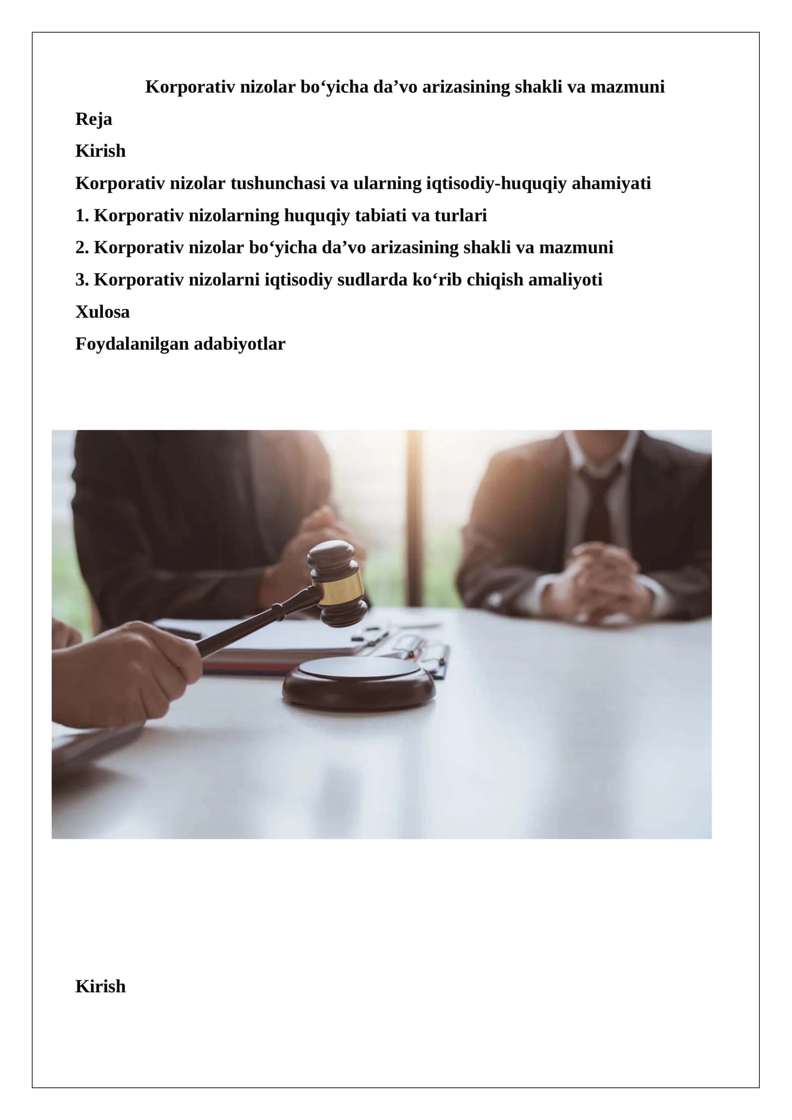 Korporativ nizolar bo‘yicha da’vo arizasining shakli va mazmuni