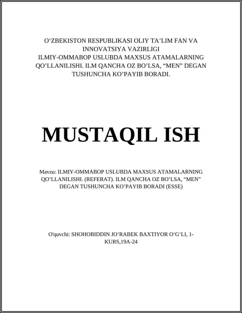ILMIY-OMMABOP USLUBDA MAXSUS ATAMALARNING QO’LLANILISHI (REFERAT)
