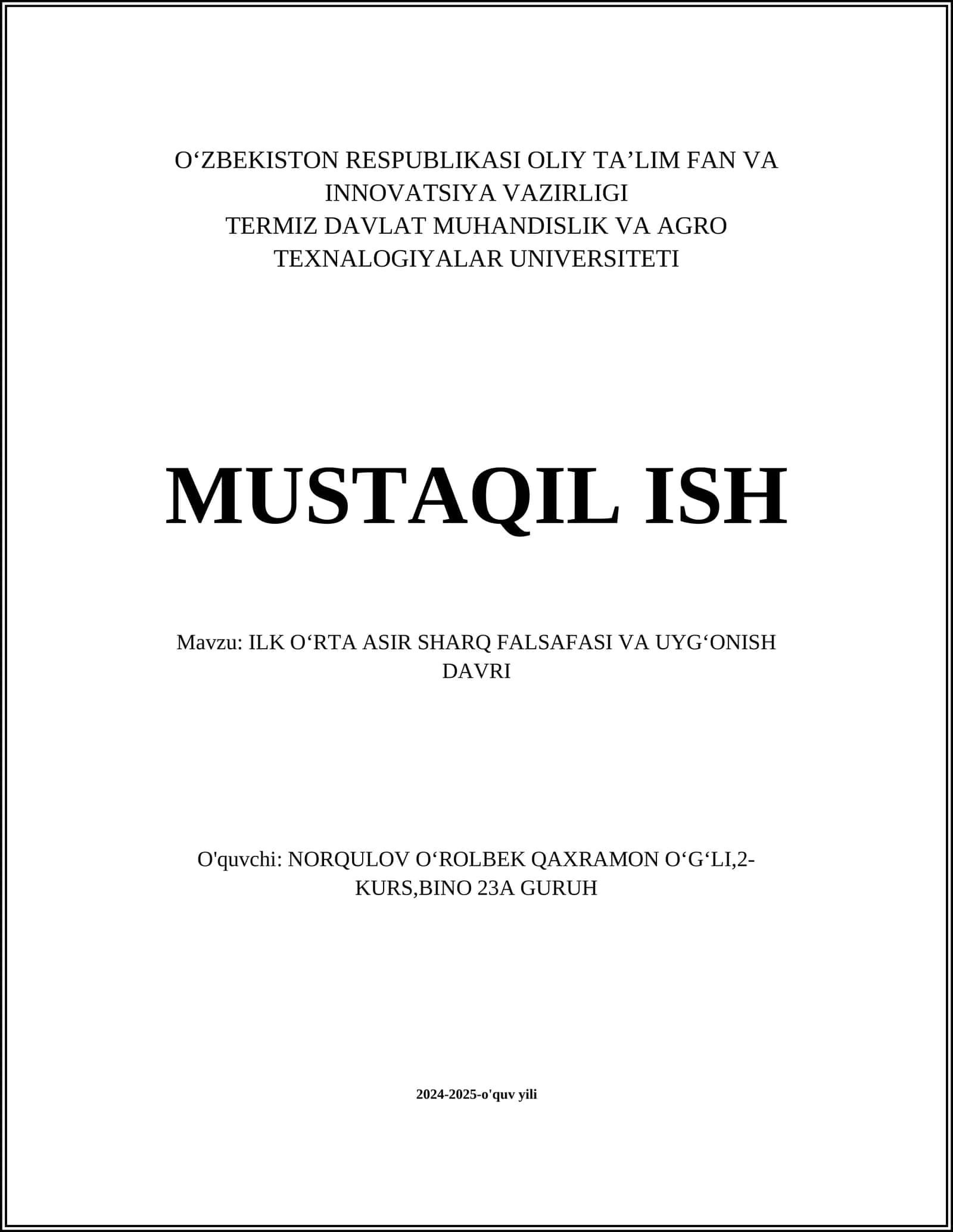 ILK OʻRTA ASIR SHARQ FALSAFASI VA UYGʻONISH DAVRI