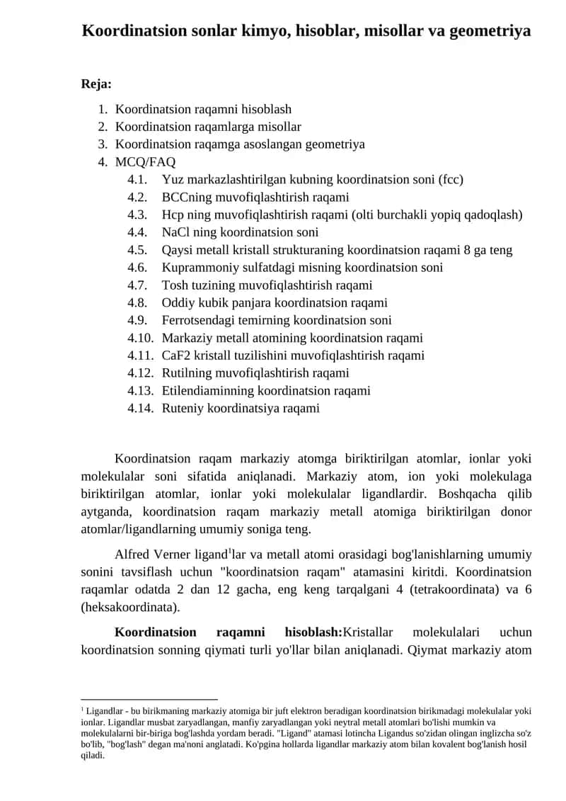 Koordinatsion sonlar kimyo, hisoblar, misollar va geometriya