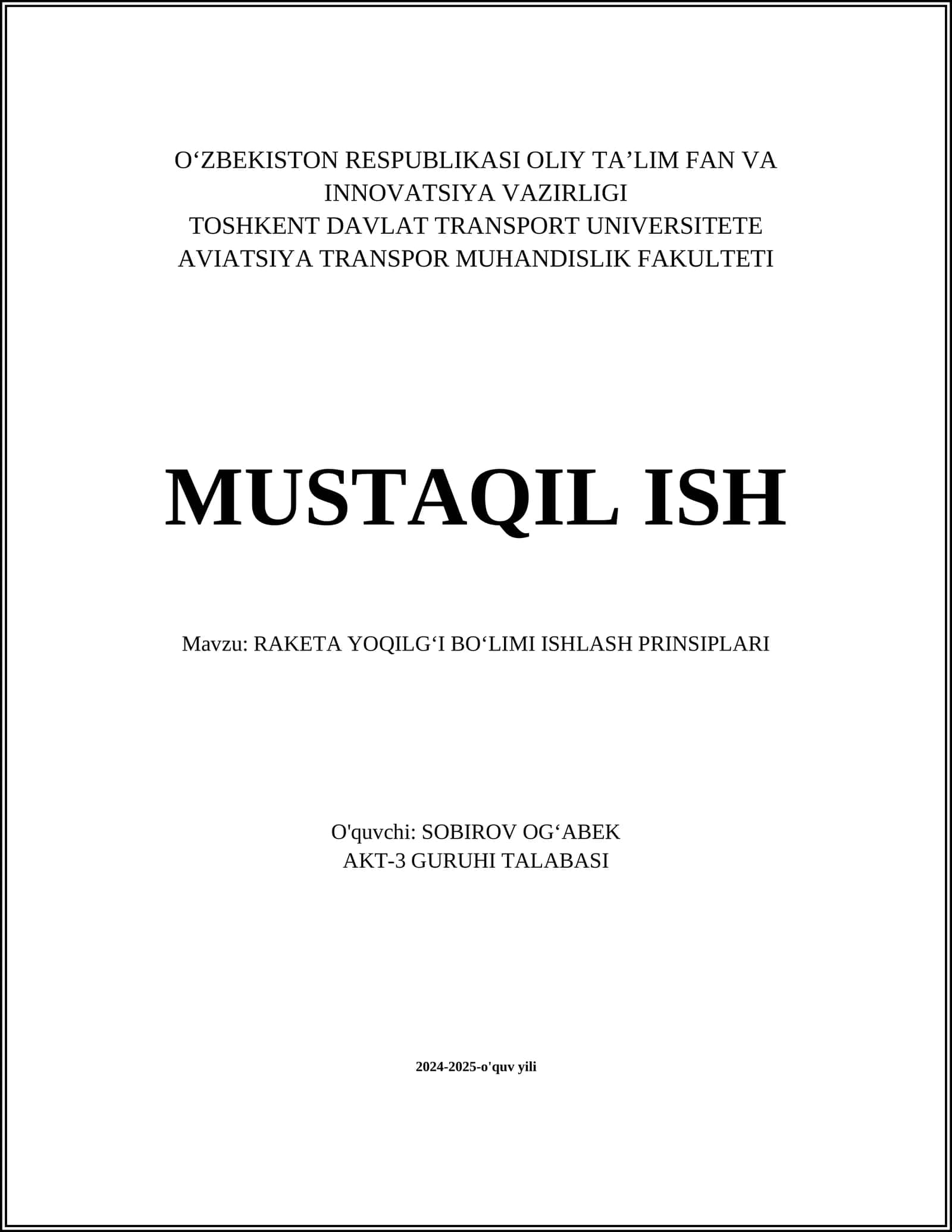 RAKETA YOQILGʻI BOʻLIMI ISHLASH PRINSIPLARI