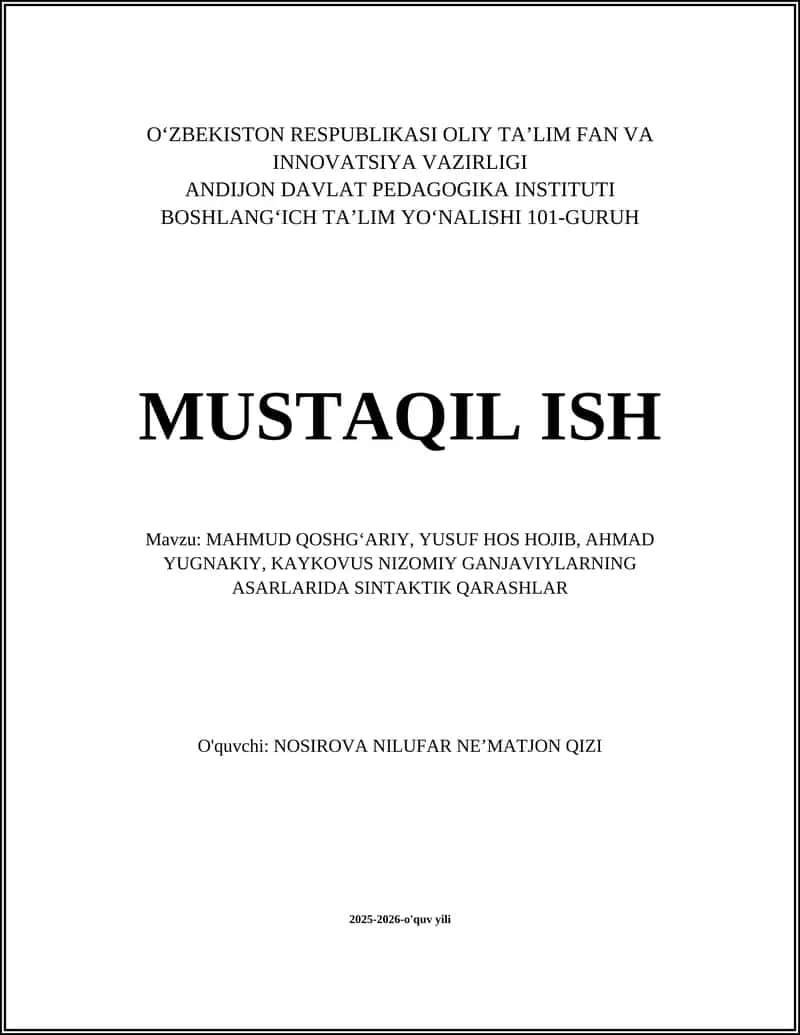 MAHMUD QOSHGʻARIY, YUSUF HOS HOJIB, AHMAD YUGNAKIY, KAYKOVUS NIZOMIY GANJAVIYLARNING ASARLARIDA SINTAKTIK QARASHLAR
