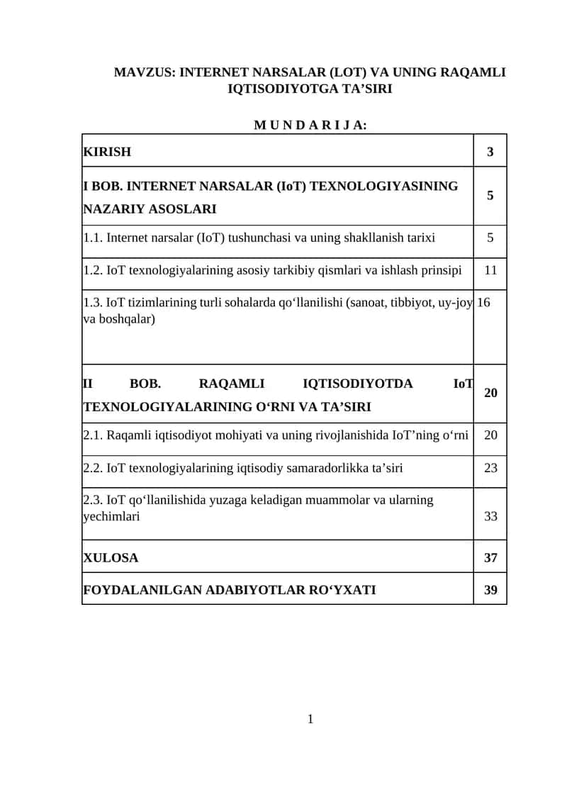 Internet narsalar (loT) va uning raqamli iqtisodiyotga ta’siri