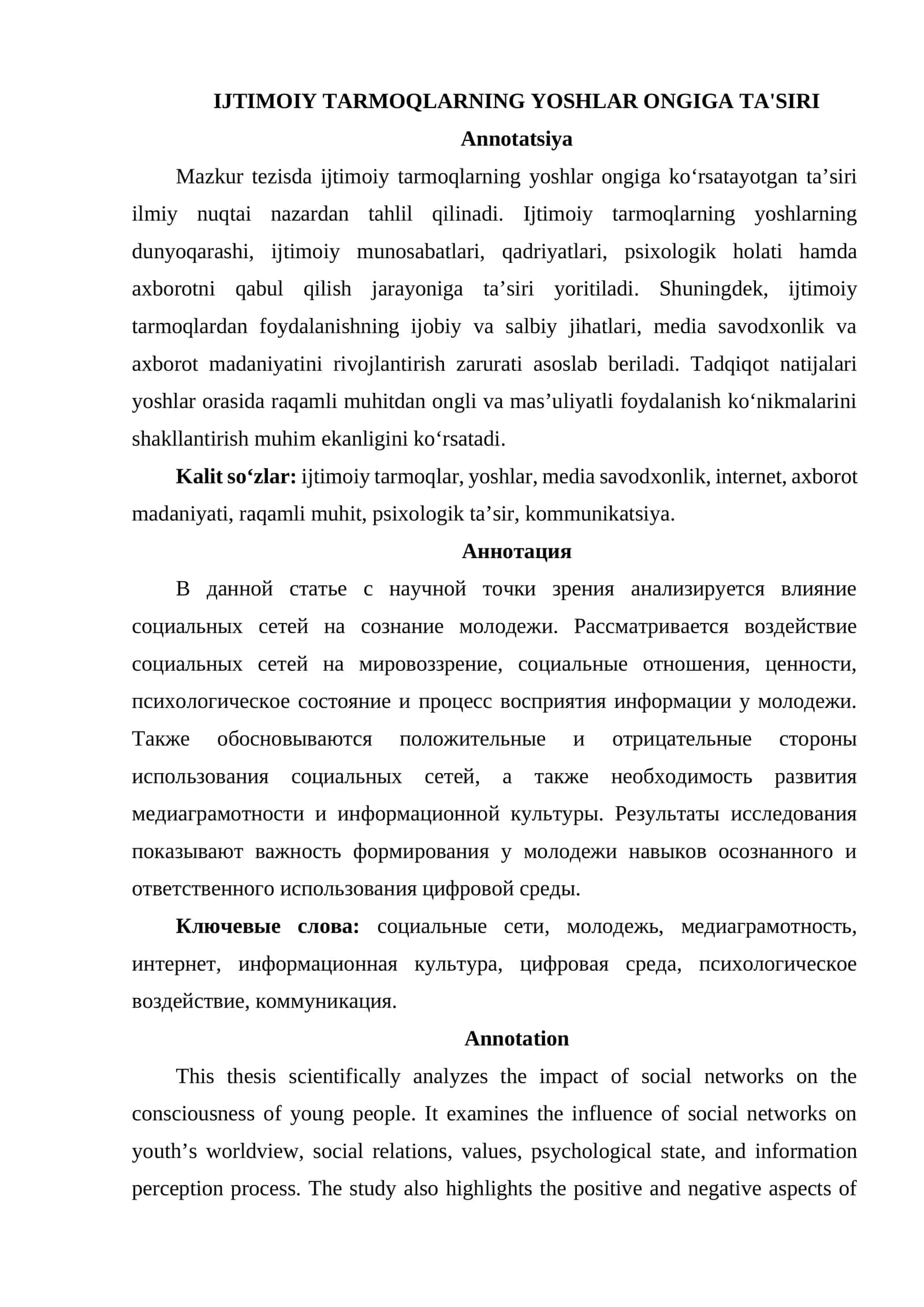 IJTIMOIY TARMOQLARNING YOSHLAR ONGIGA TA'SIRI