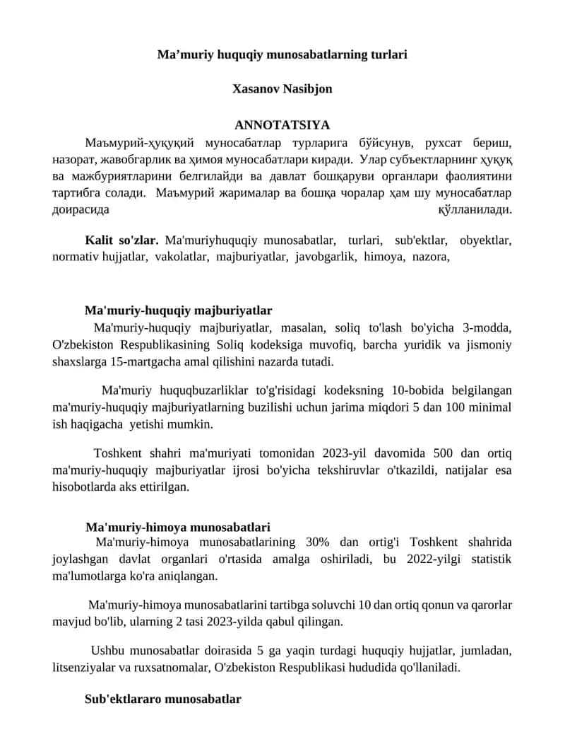 Ma'muriy huquqiy munosabatlarning turlari