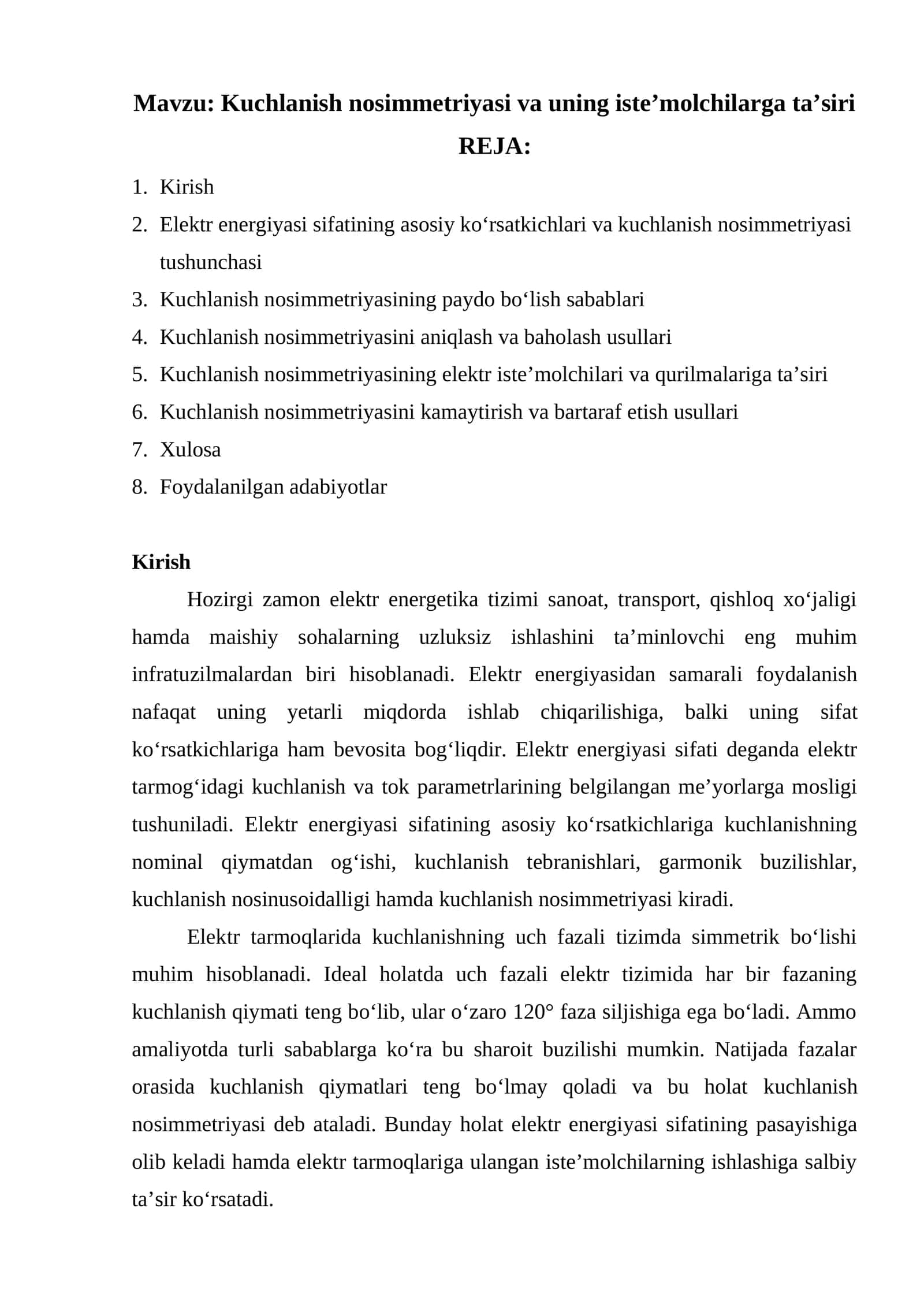 Kuchlanish nosimmetriyasi va uning iste’molchilarga ta’siri