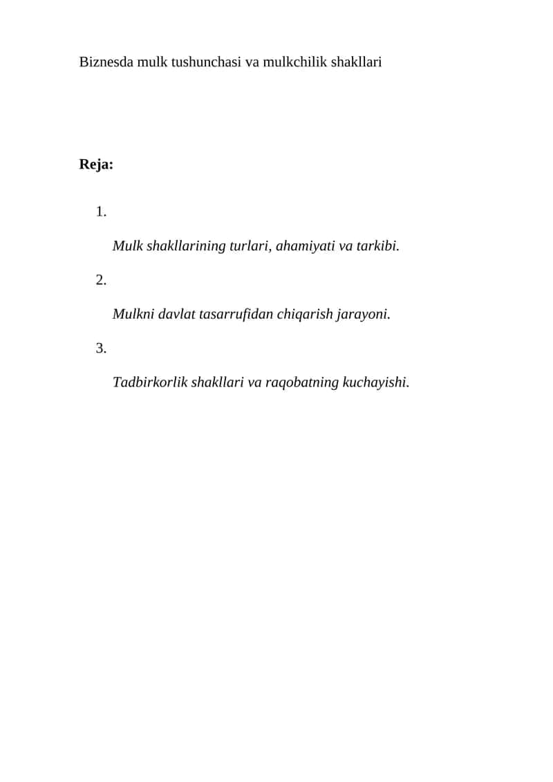 Mulk Tushunchasi va Mulkchilik Shakllari