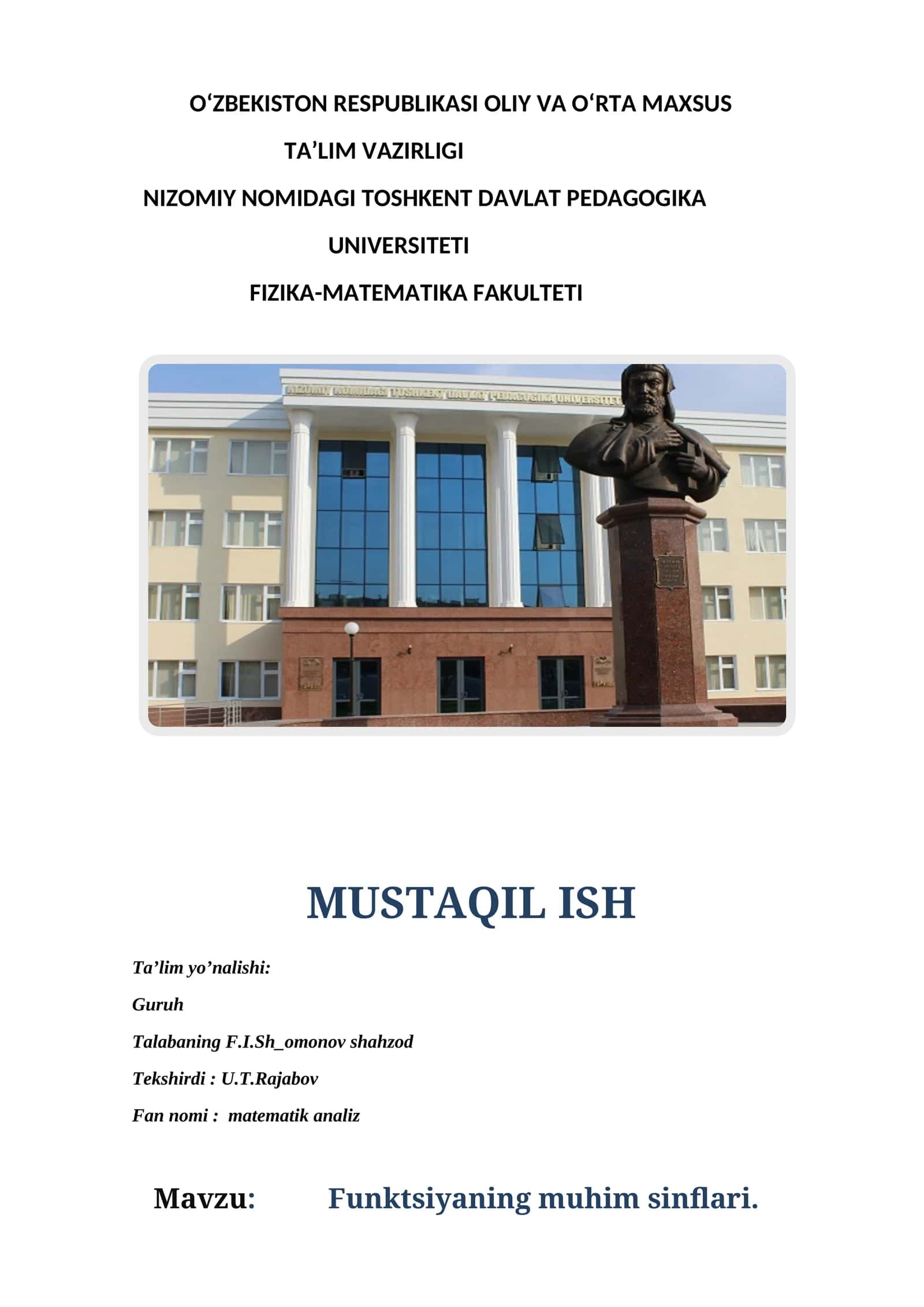 Funktsiyaning muhim sinflari