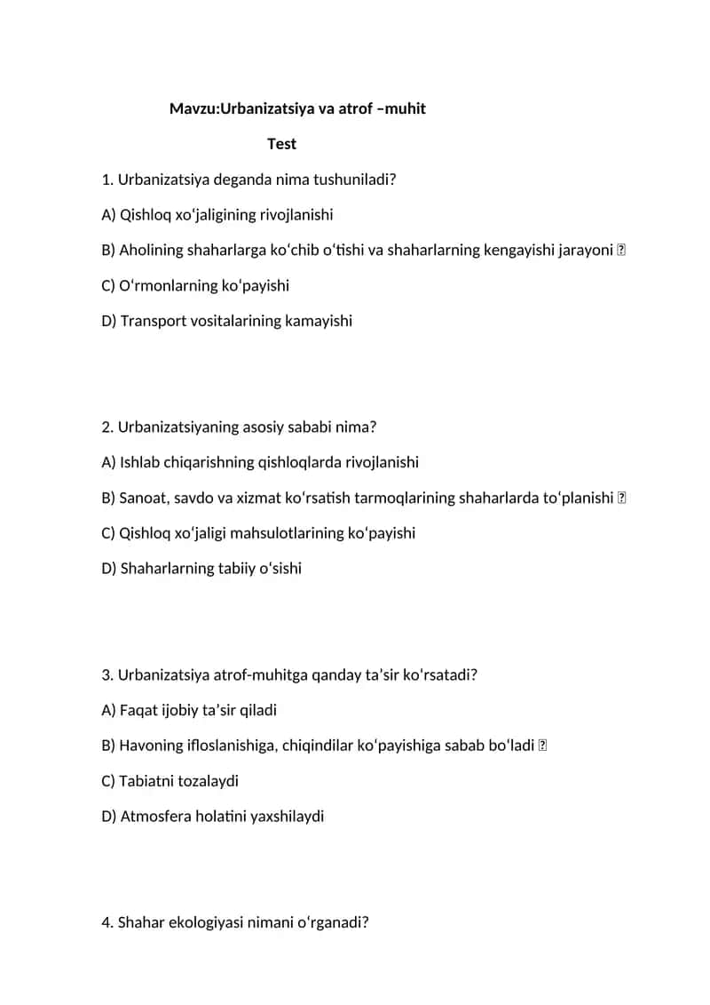 Urbanizatsiya va atrof –muhit