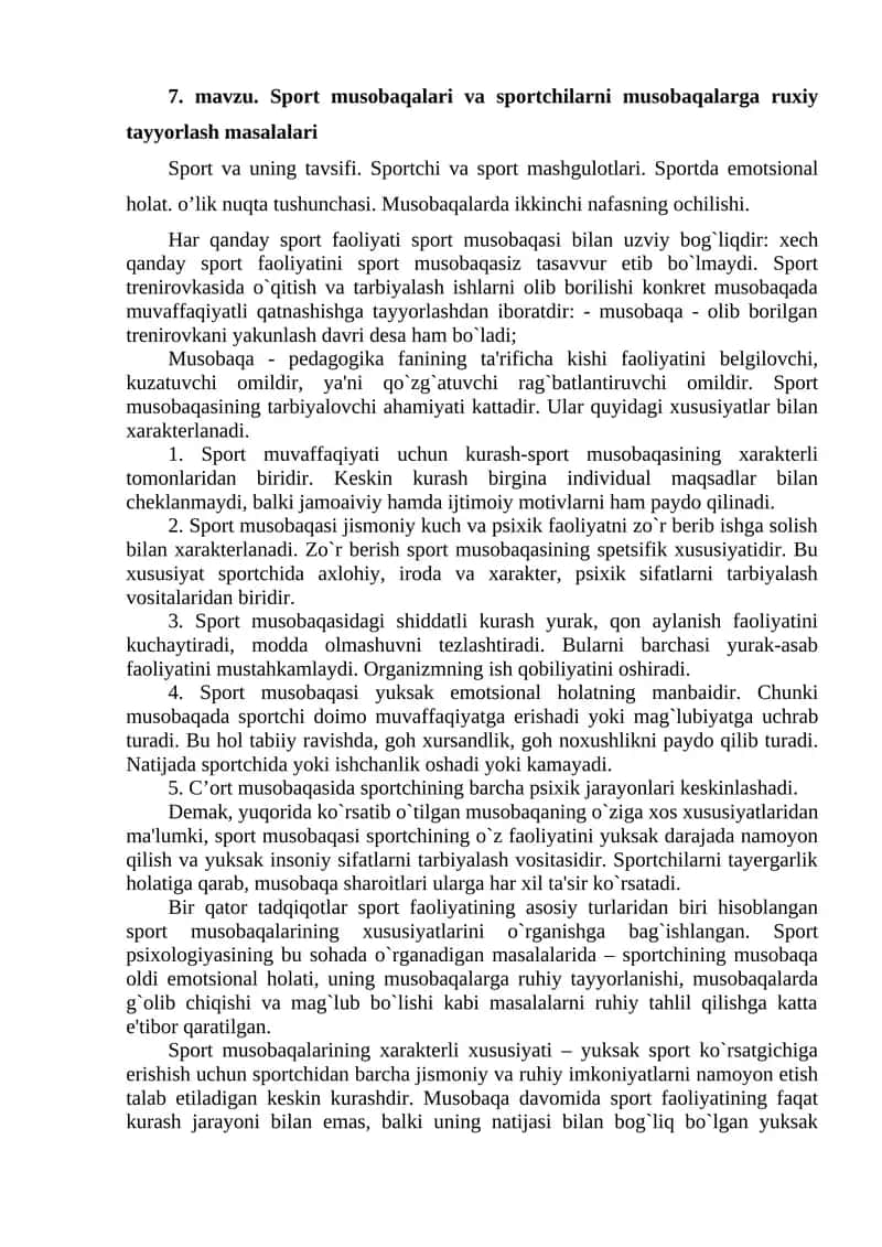 Sport musobaqalari va sportchilarni musobaqalarga ruxiy tayyorlash masalalari