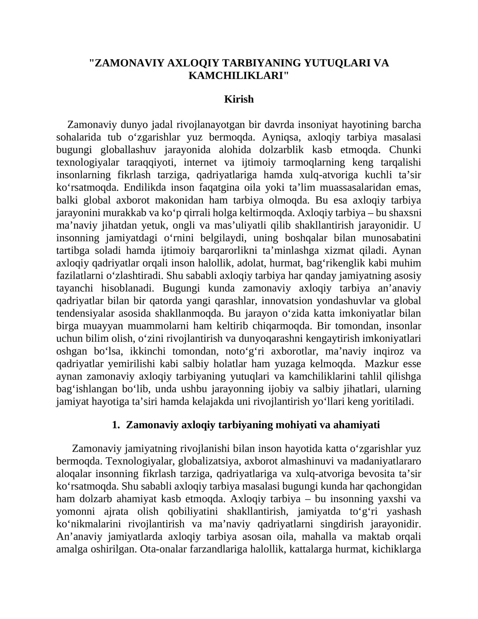 ZAMONAVIY AXLOQIY TARBIYANING YUTUQLARI VA KAMCHILIKLARI