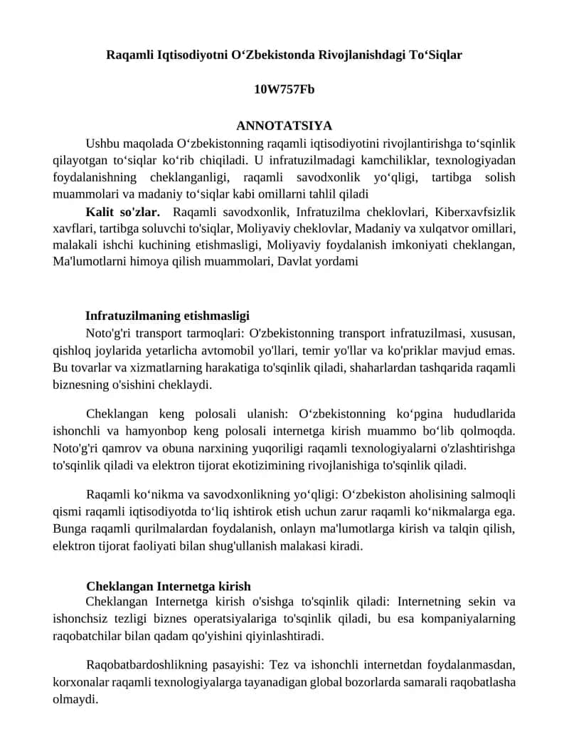 Raqamli Iqtisodiyotni OʻZbekistonda Rivojlanishdagi ToʻSiqlar
