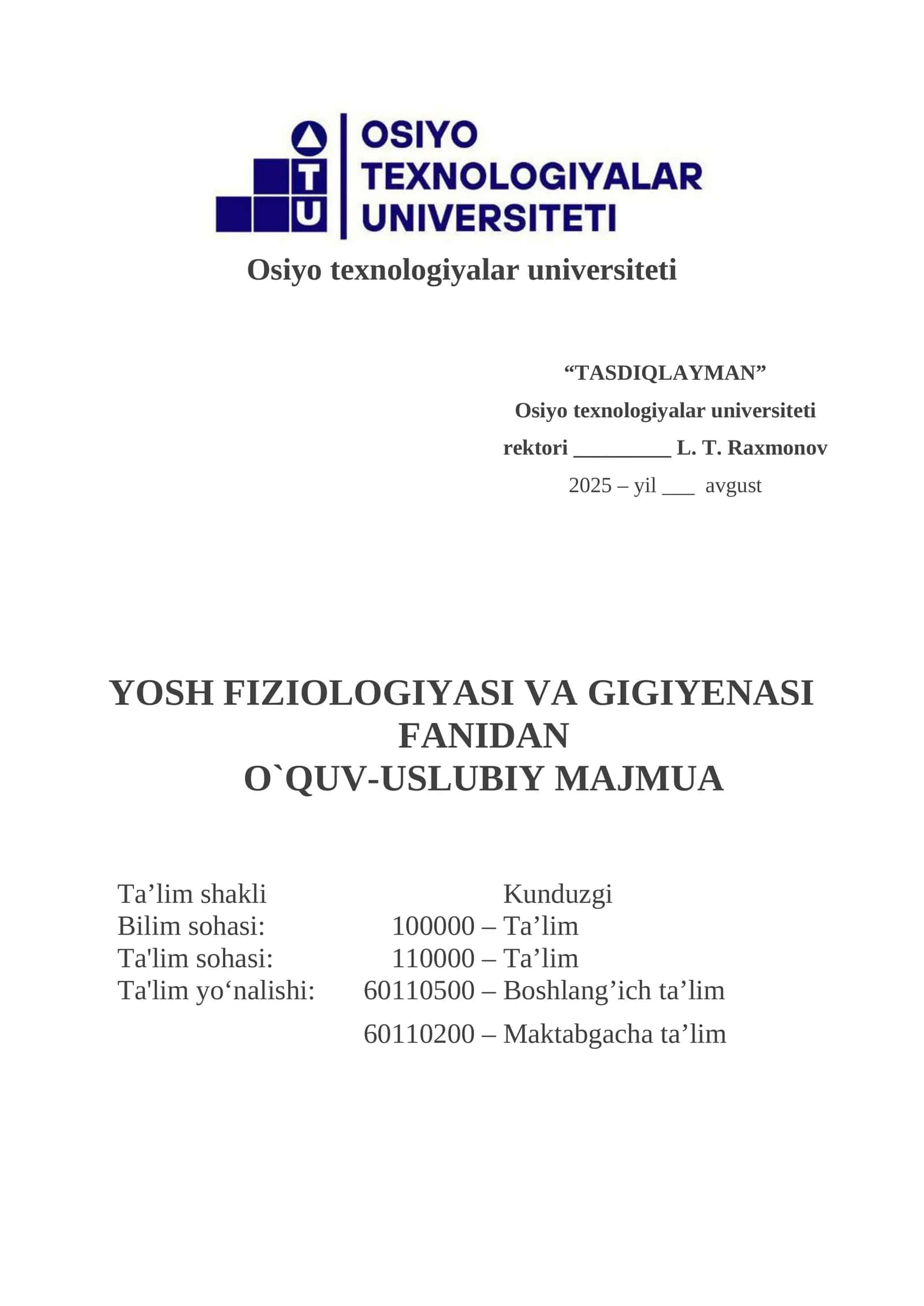 Yosh fiziologiyasi va gigiyenasi fanidan oʻquv-uslubiy majmua