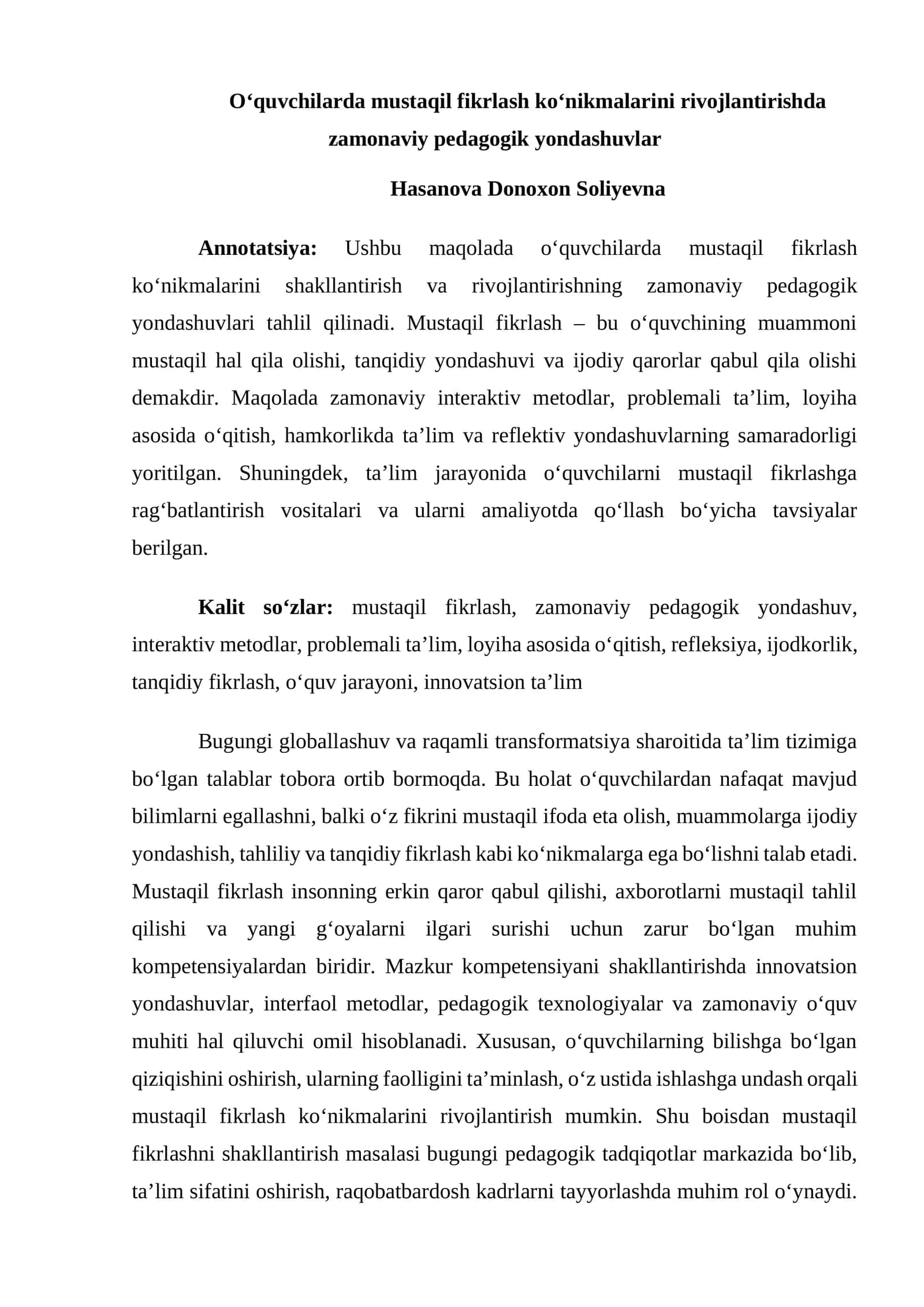 O‘quvchilarda mustaqil fikrlash ko‘nikmalarini rivojlantirishda zamonaviy pedagogik yondashuvlar