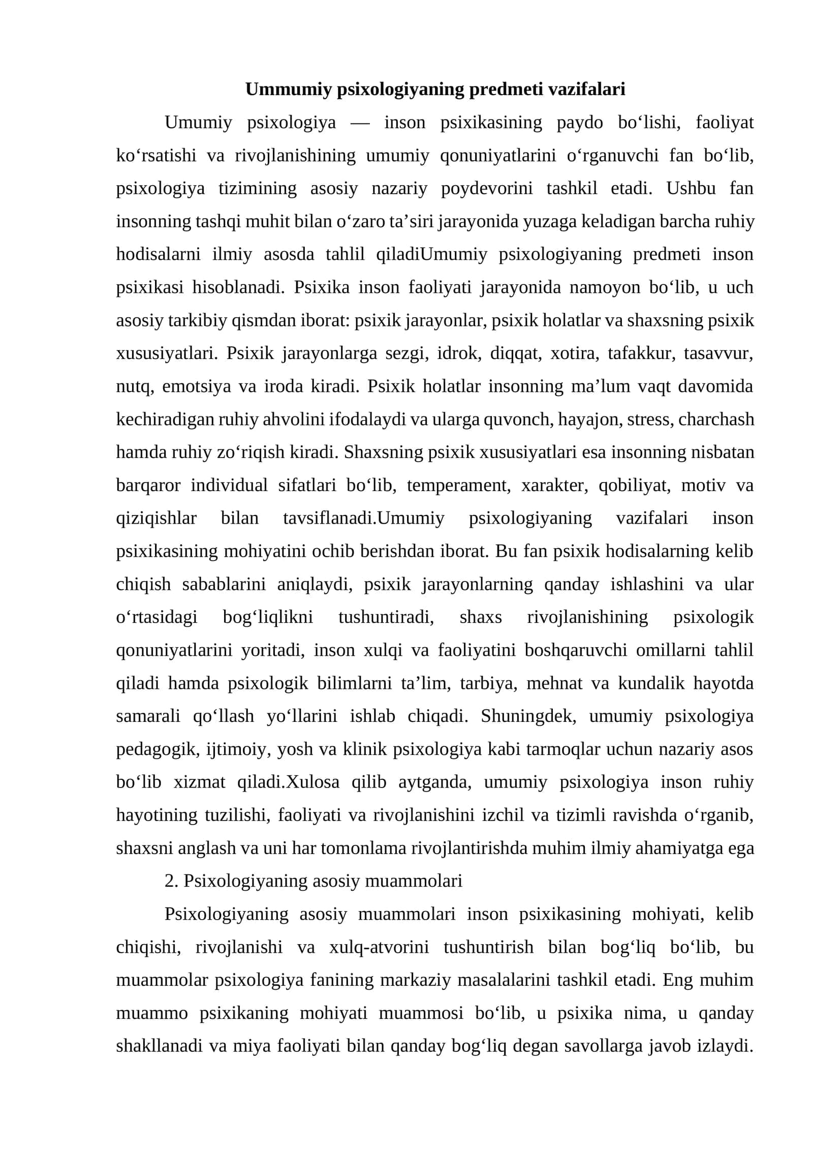 Umumiy psixologiyaning predmeti vazifalari