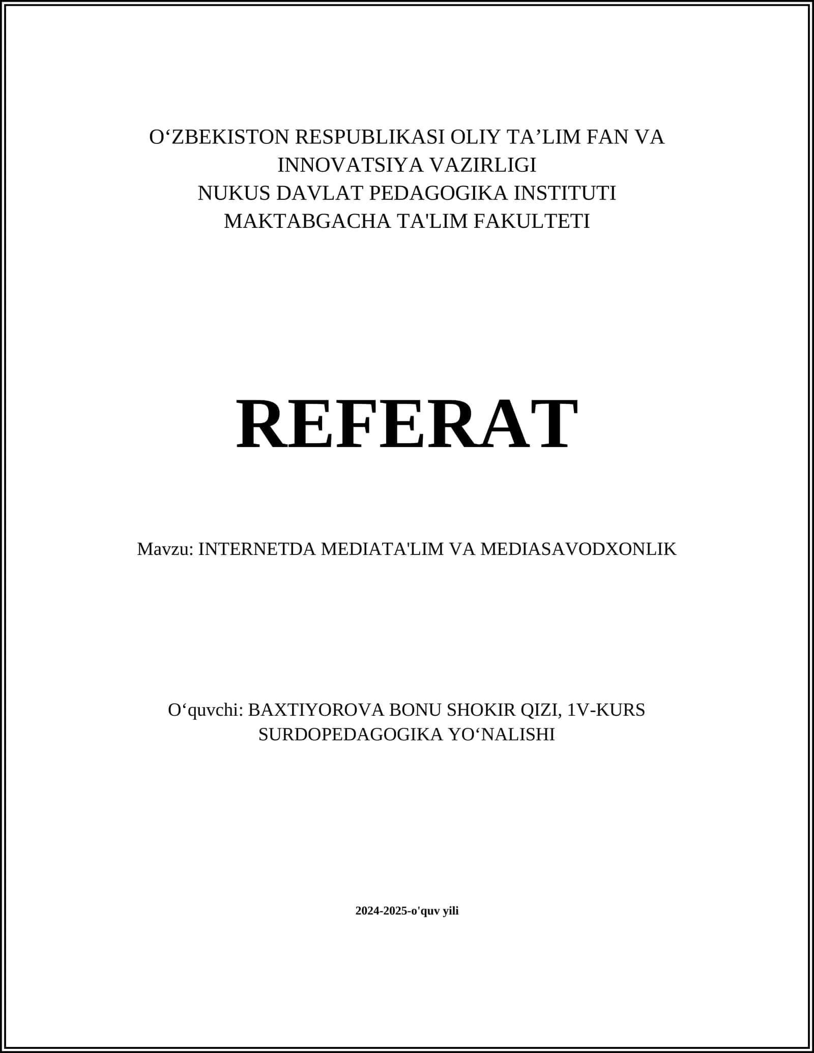 INTERNETDA MEDIATA'LIM VA MEDIASAVODXONLIK
