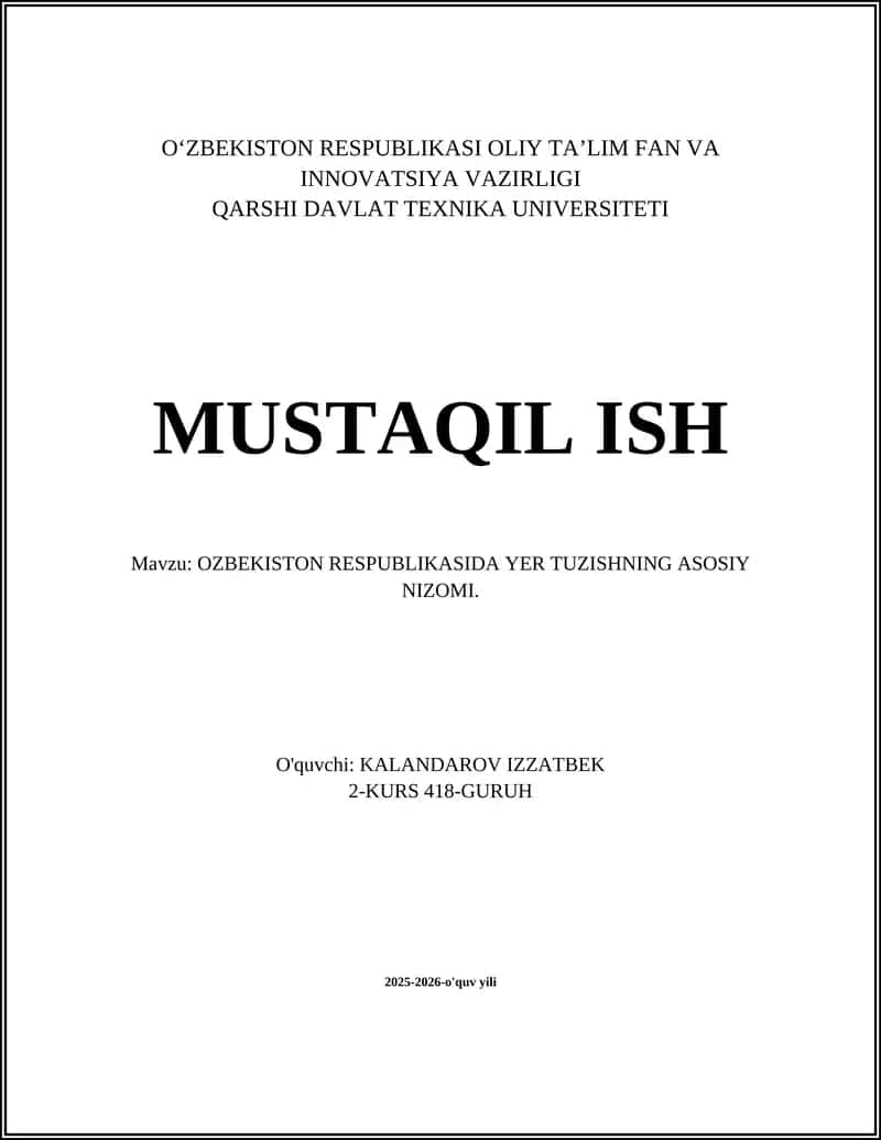 Oʻzbekiston Respublikasida Yer Tuzishning Asosiy Nizomi
