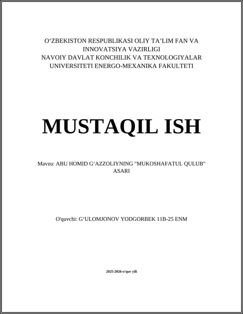 ABU HOMID GʻAZZOLIYNING "MUKOSHAFATUL QULUB" ASARI