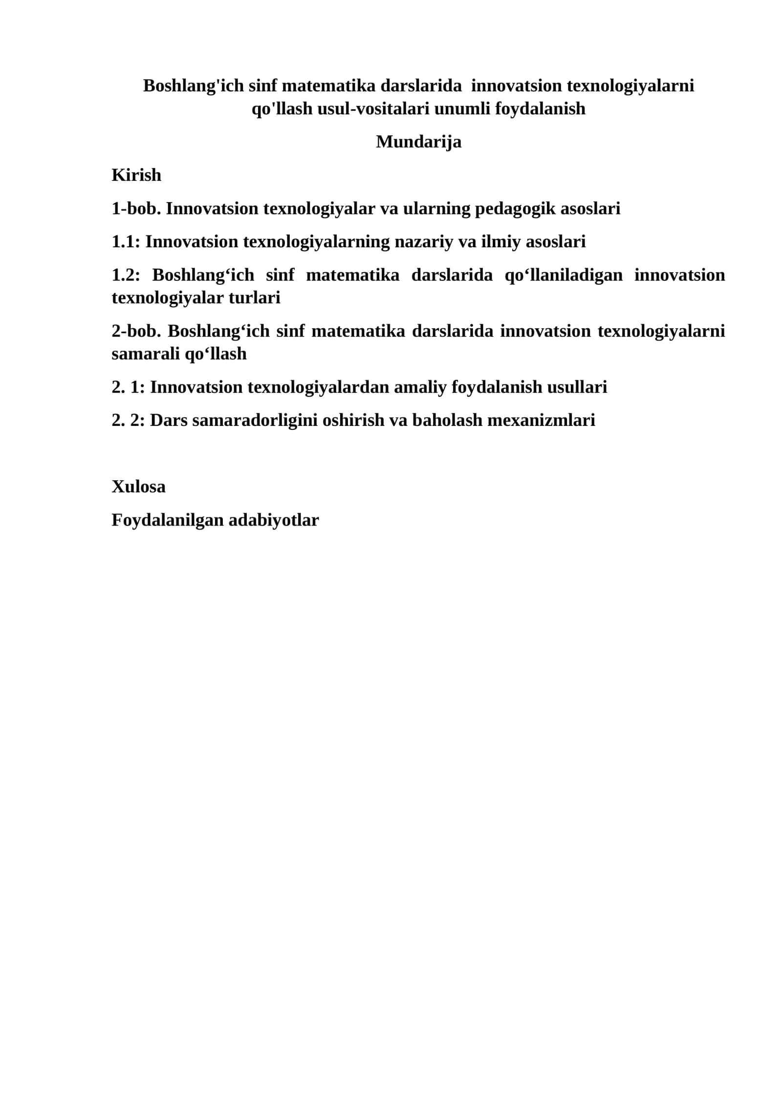 Boshlang'ich sinf matematika darslarida innovatsion texnologiyalarni qo'llash usul-vositalari