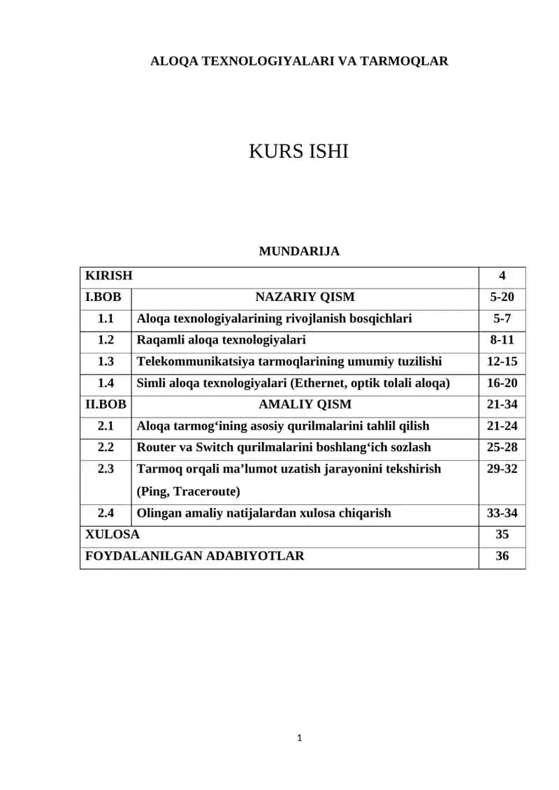 ALOQA TEXNOLOGIYALARI VA TARMOQLAR KURS ISHI
