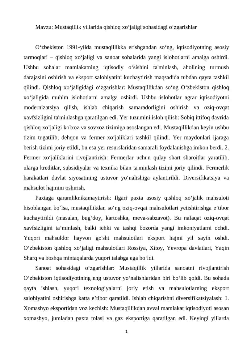 Qishloq xo‘jaligida o‘zgarishlar