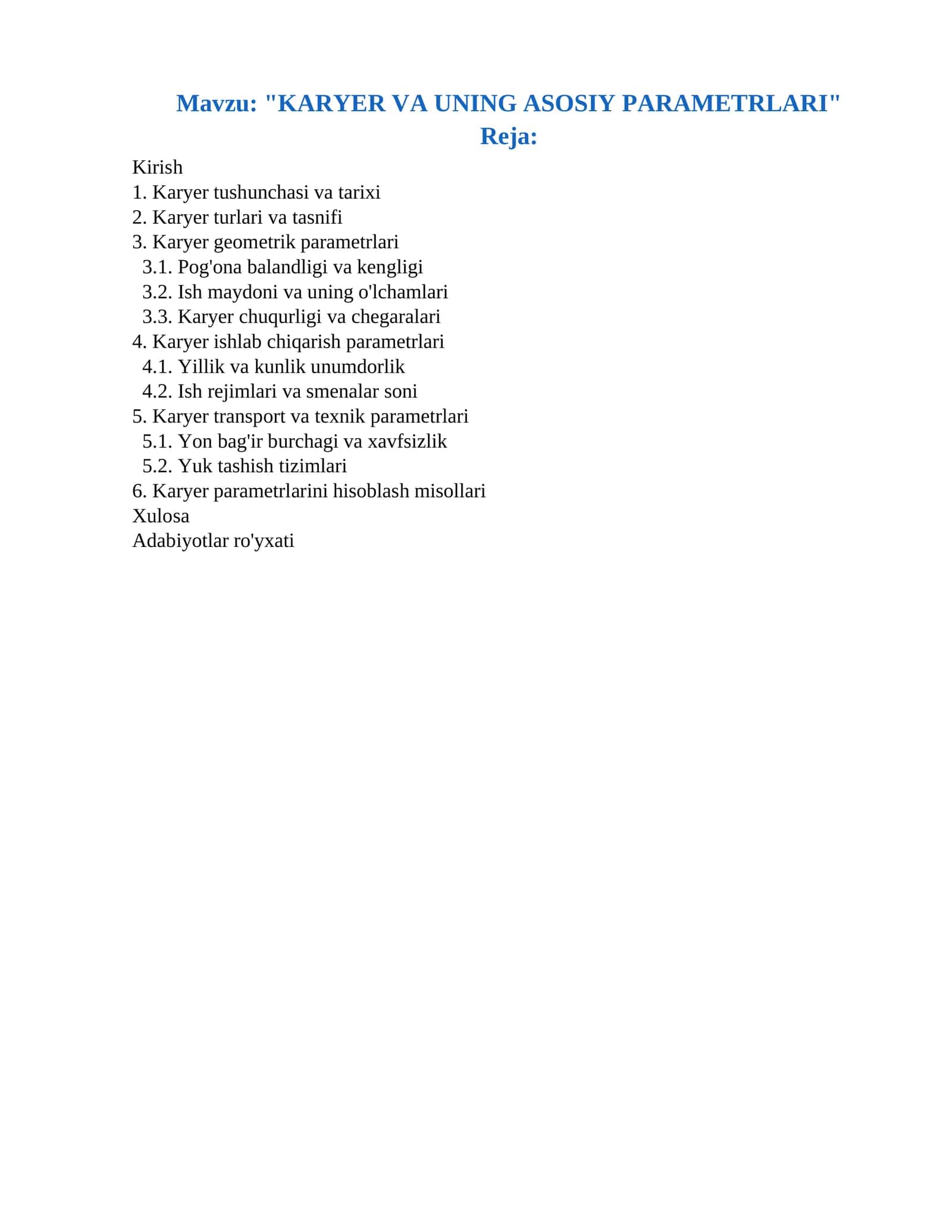 KARYER VA UNING ASOSIY PARAMETRLARI
