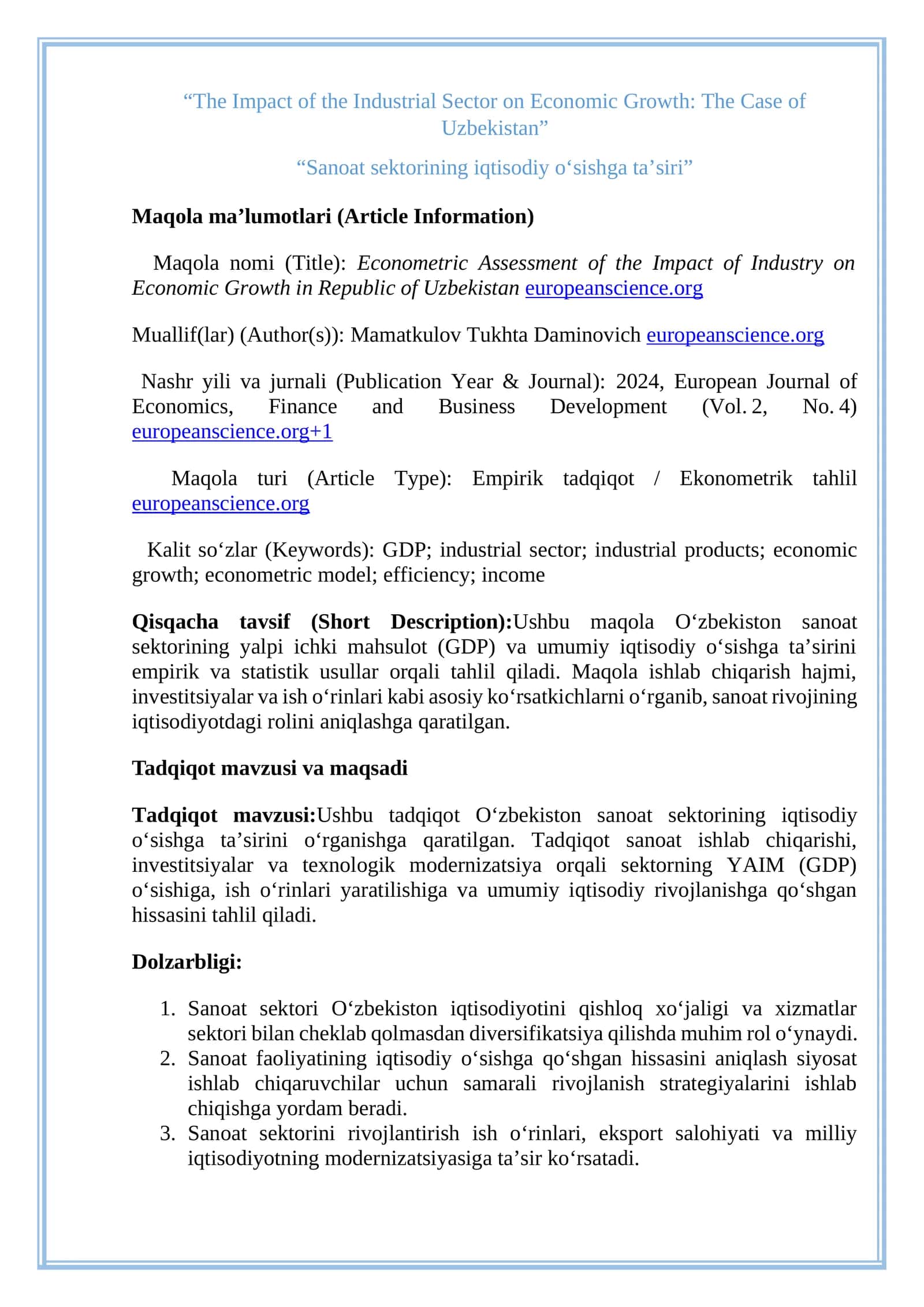 Sanoat sektorining iqtisodiy o‘sishga ta’siri