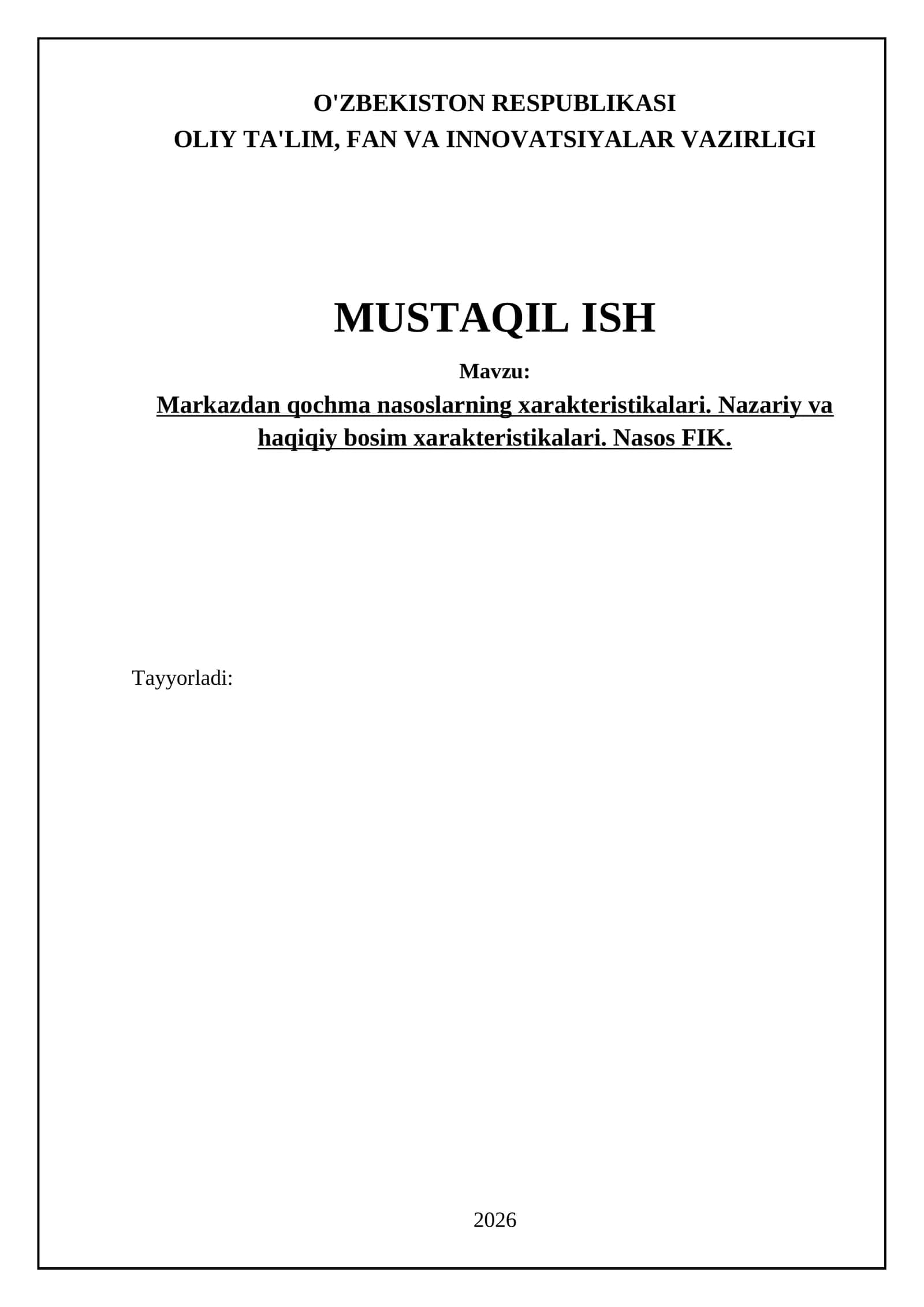 Markazdan qochma nasoslar xarakteristikalari