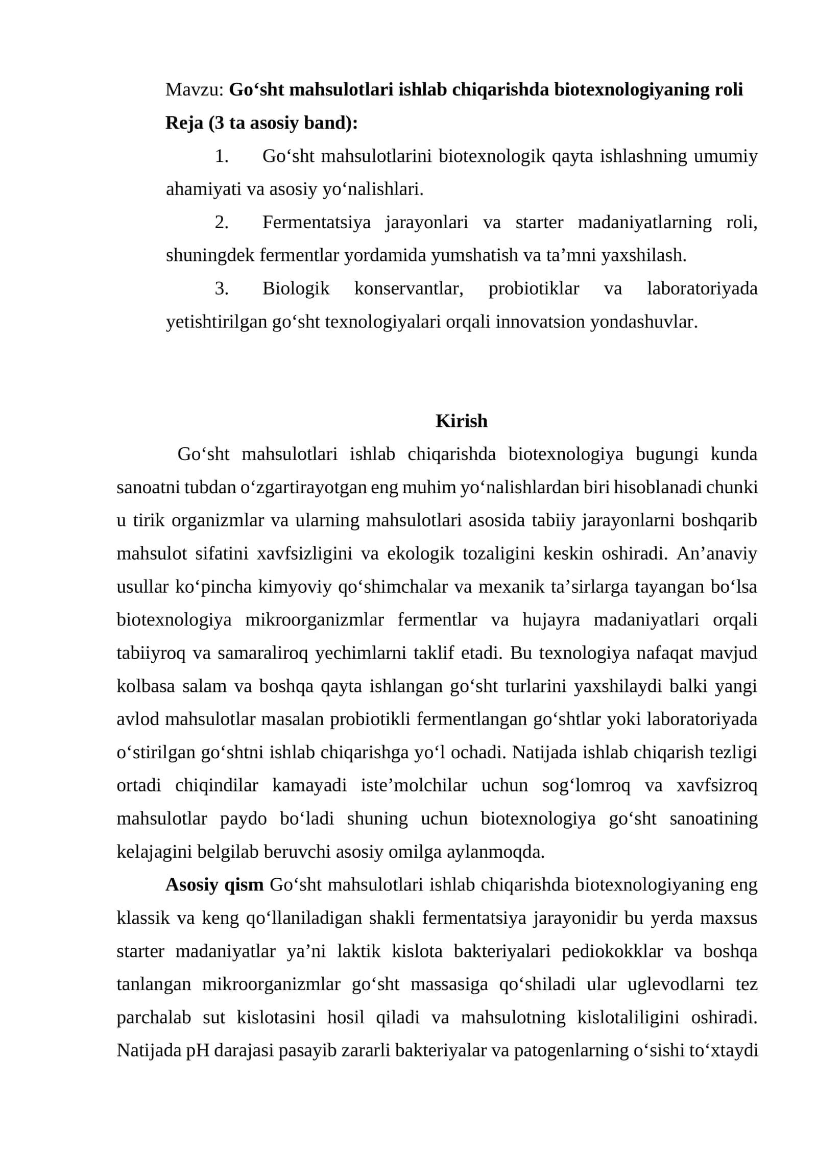Go‘sht mahsulotlari ishlab chiqarishda biotexnologiyaning roli