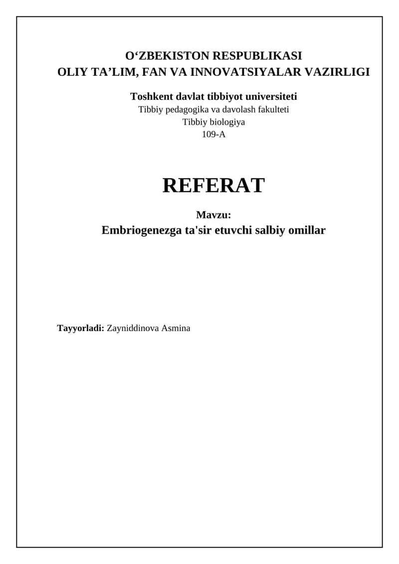Embriogenezga ta'sir etuvchi salbiy omillar