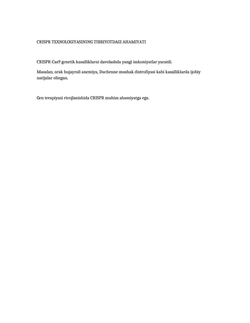 CRISPR TEXNOLOGIYASINING TIBBIYOTDAGI AHAMIYATI