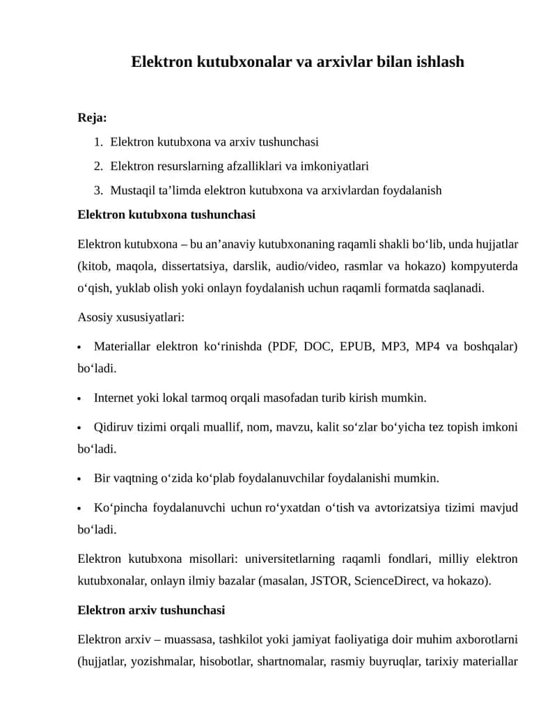 Elektron kutubxonalar va arxivlar bilan ishlash