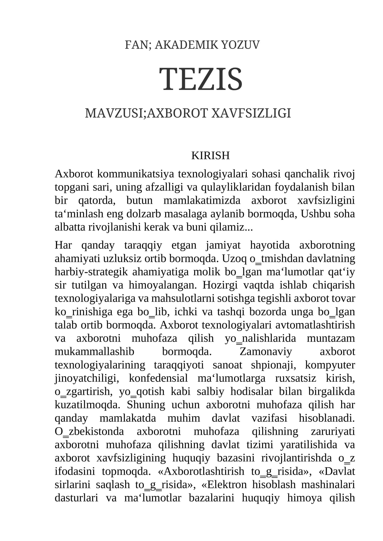 FAN; AKADEMIK YOZUV TEZIS MAVZUSI;AXBOROT XAVFSIZLIGI