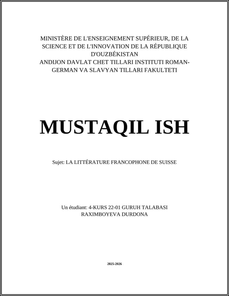 LA LITTÉRATURE FRANCOPHONE DE SUISSE