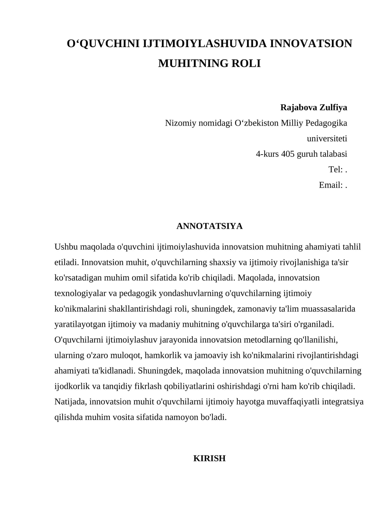 OʻQUVCHINI IJTIMOIYLASHUVIDA INNOVATSION MUHITNING ROLI