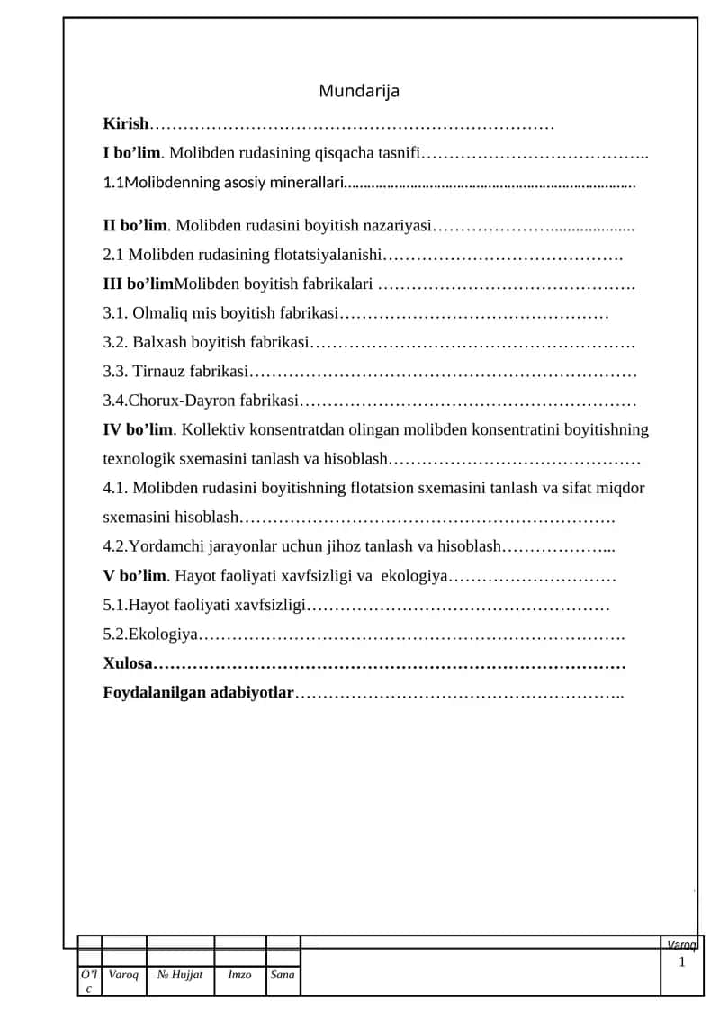 Molibden boyitish texnologiyalari kurs ishi
