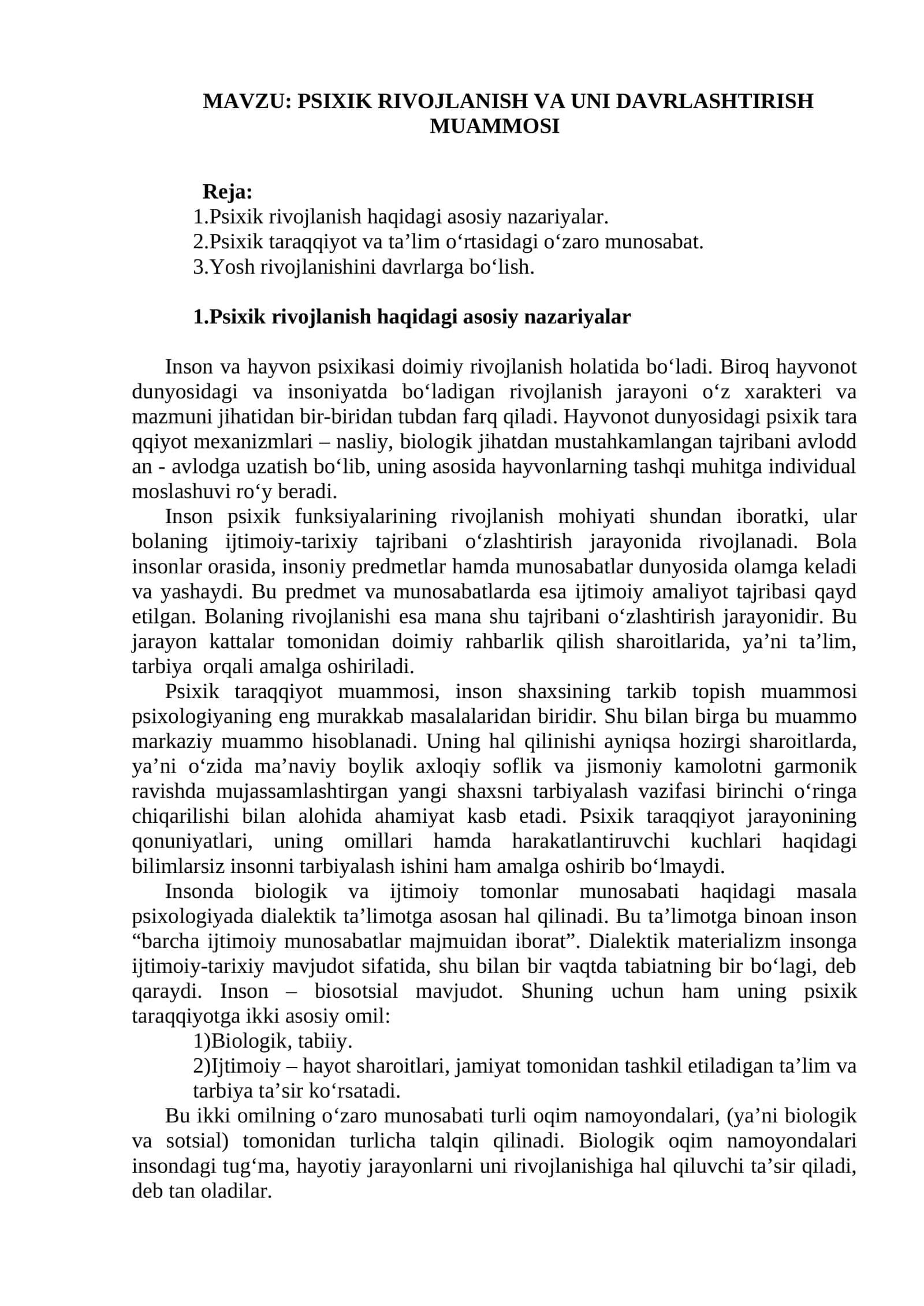 Psixik rivojlanish va uni davrlashtirish muammosi