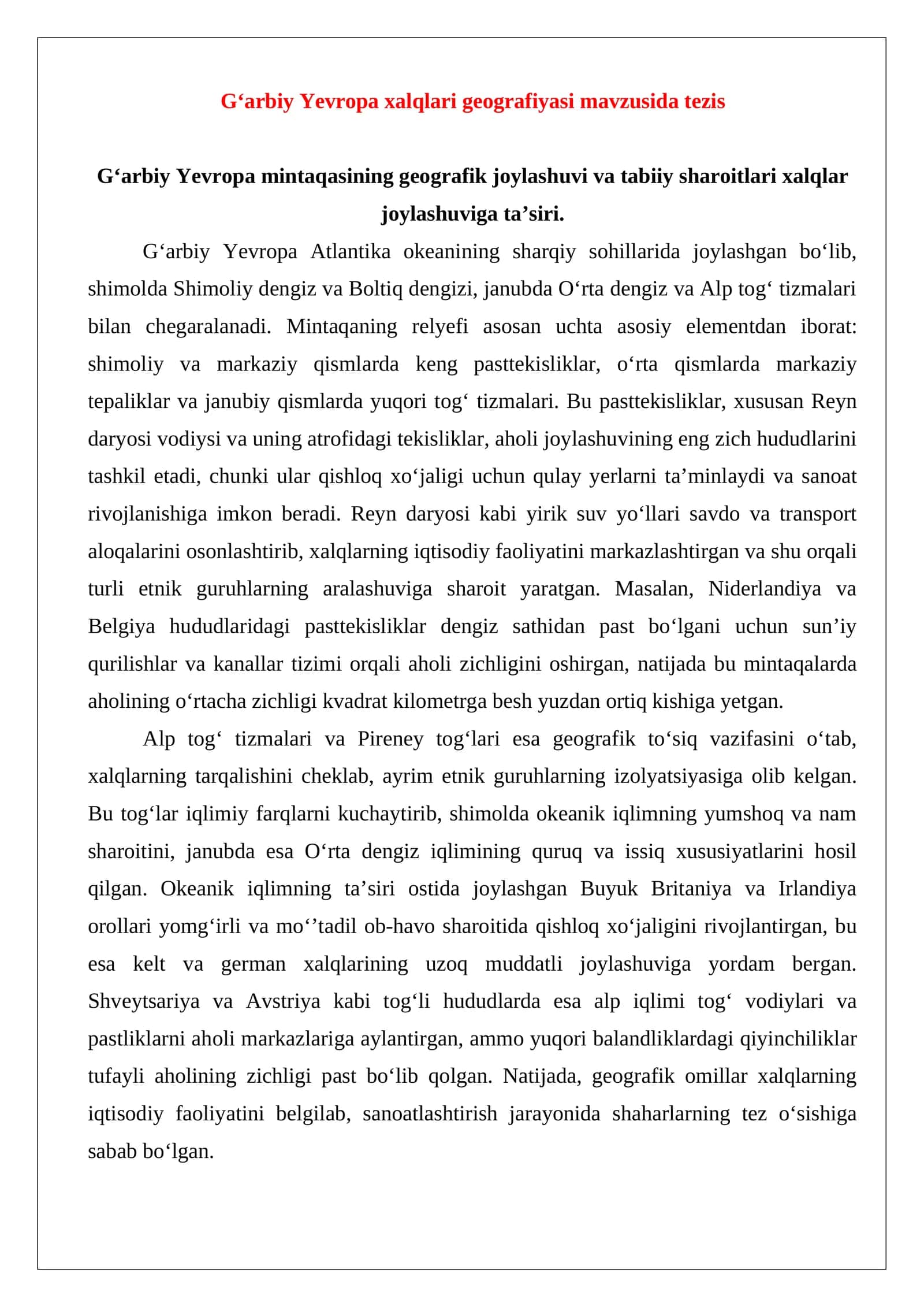 G‘arbiy Yevropa xalqlari geografiyasi mavzusida tezis