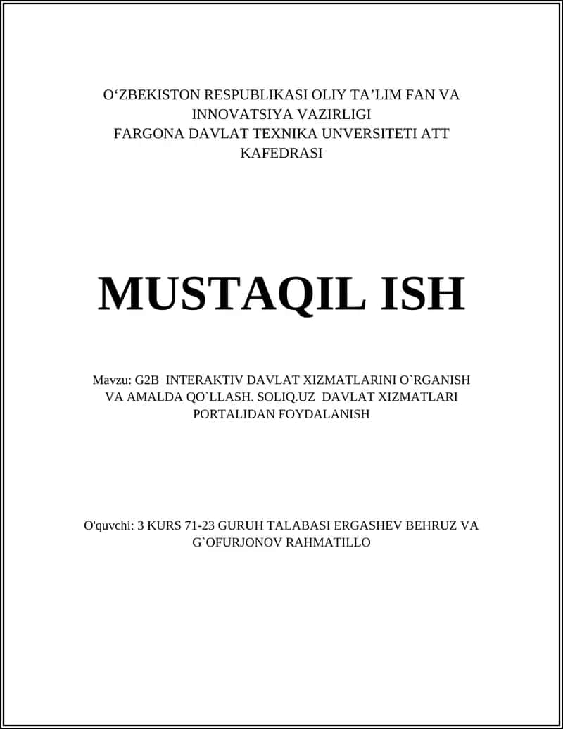 G2B INTERAKTIV DAVLAT XIZMATLARINI O`RGANISH VA AMALDA QO`LLASH